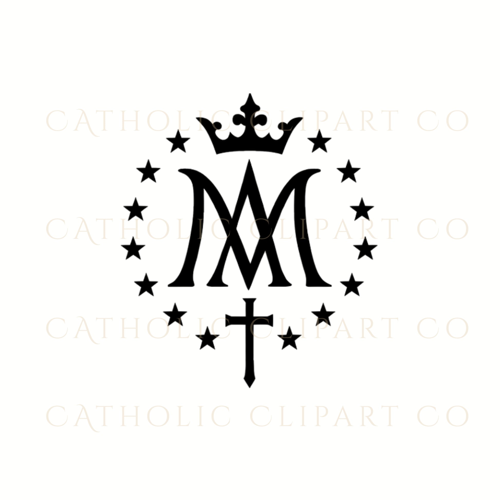 Catholic crown and cross Marian M symbol in black PNG /