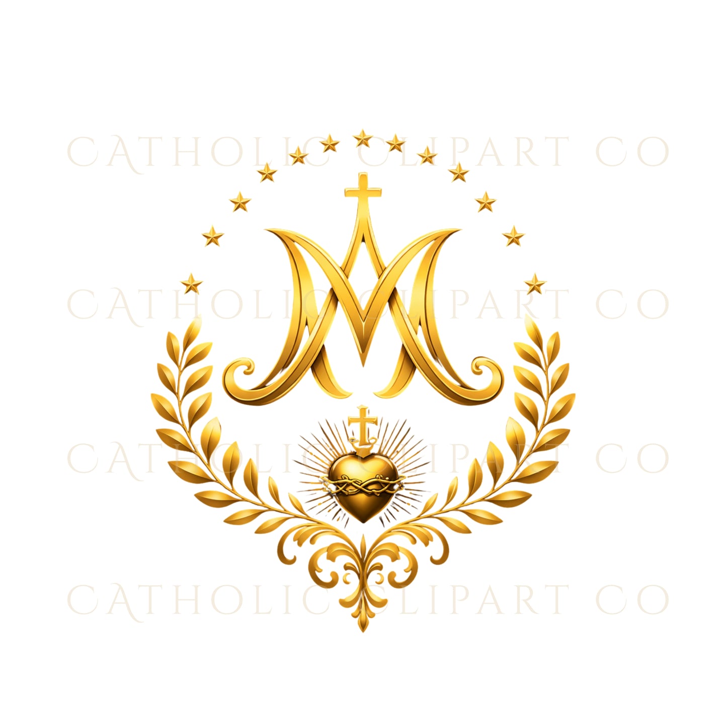 Auspice of Mary Clipart | Gold Marian Auspice Emblem | Floral Virgin Mary Monogram PNG | Catholic Commercial Use