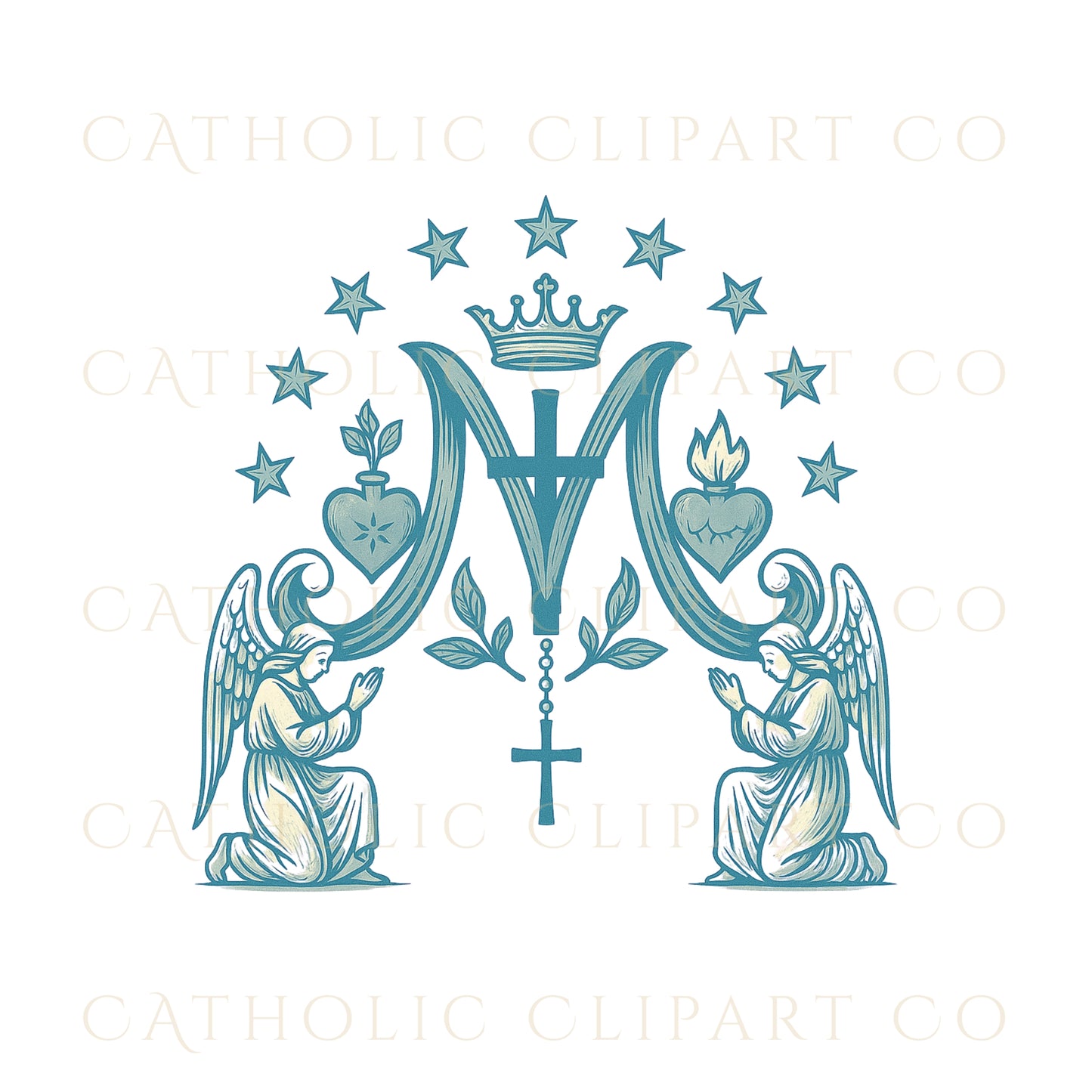 Auspice of Mary Clipart, Marian Monogram PNG JPG, Catholic M Symbol Clipart Set, Vintage Blue Marian Emblem, Luxury Catholic Art