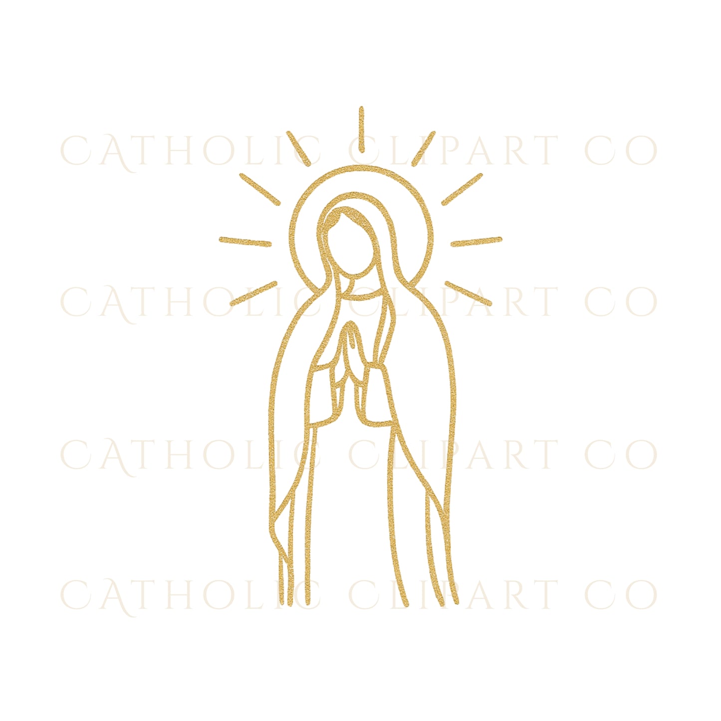 Minimalist gold Virgin Mary line art with radiant halo, modern Catholic clipart on a light background