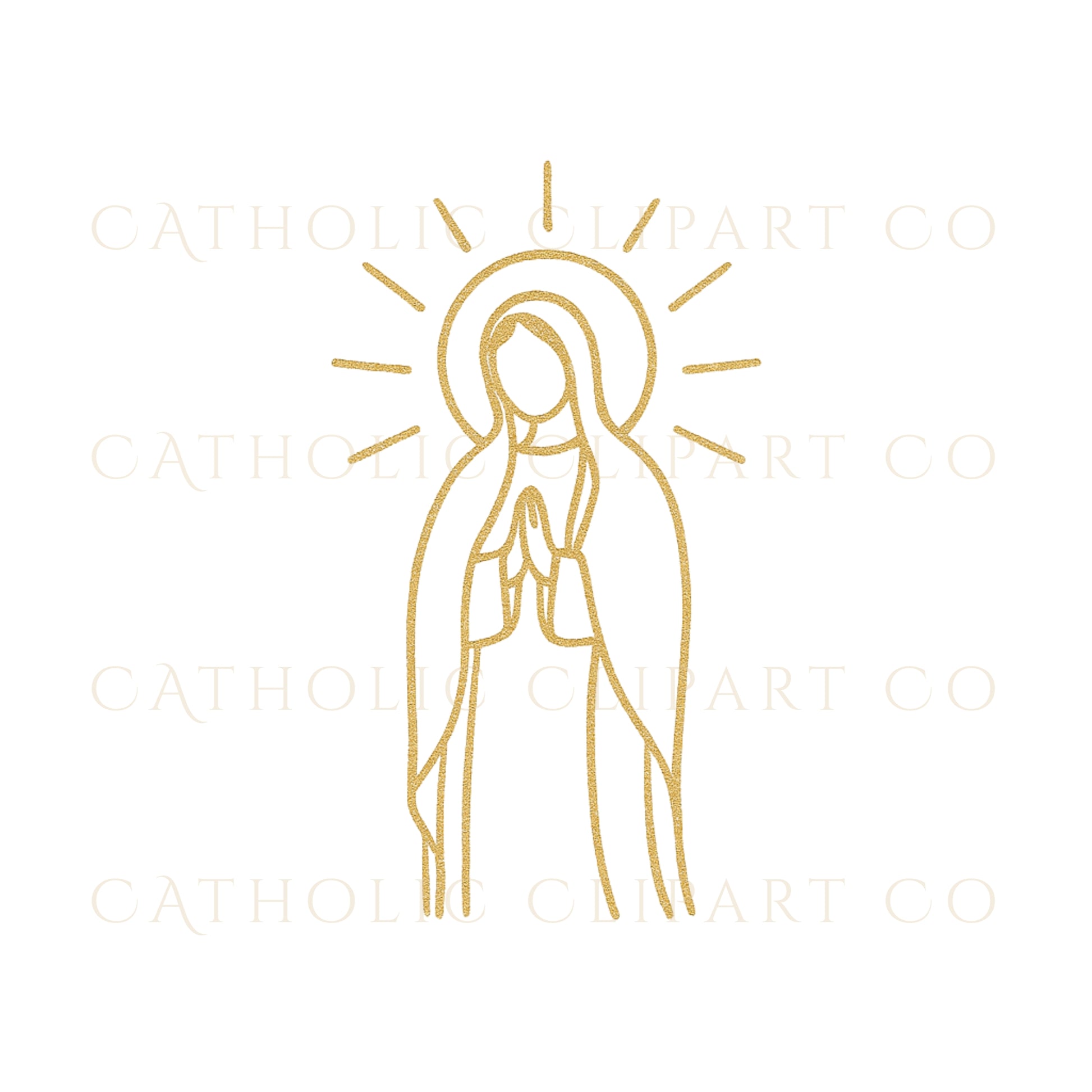 Minimalist gold Virgin Mary line art with radiant halo, modern Catholic clipart on a light background