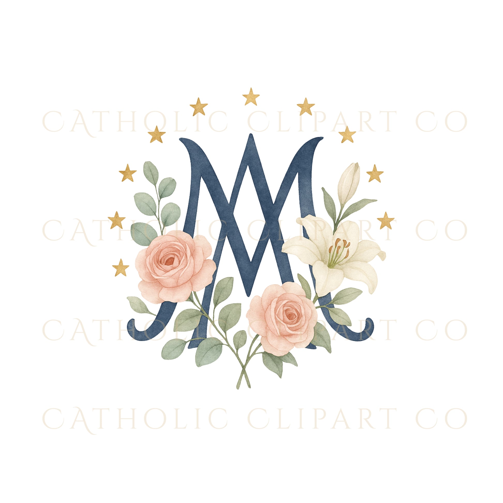 Catholic Marian monogram clipart set with watercolor flowers and stars, representing the Virgin Mary. Faith-inspired digital artwork for creatives.