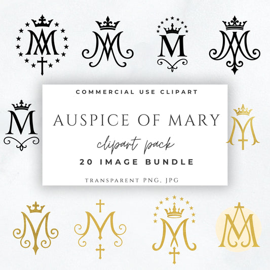 Auspice of Mary clipart bundle with gold and black Marian monograms 