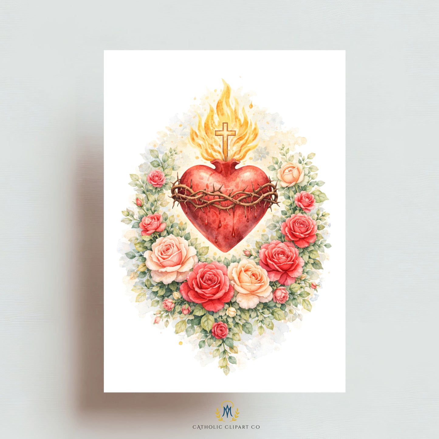 Sacred Heart of Jesus religious watercolor art with roses / Arte religioso en acuarela del Sagrado Corazón de Jesús con rosas