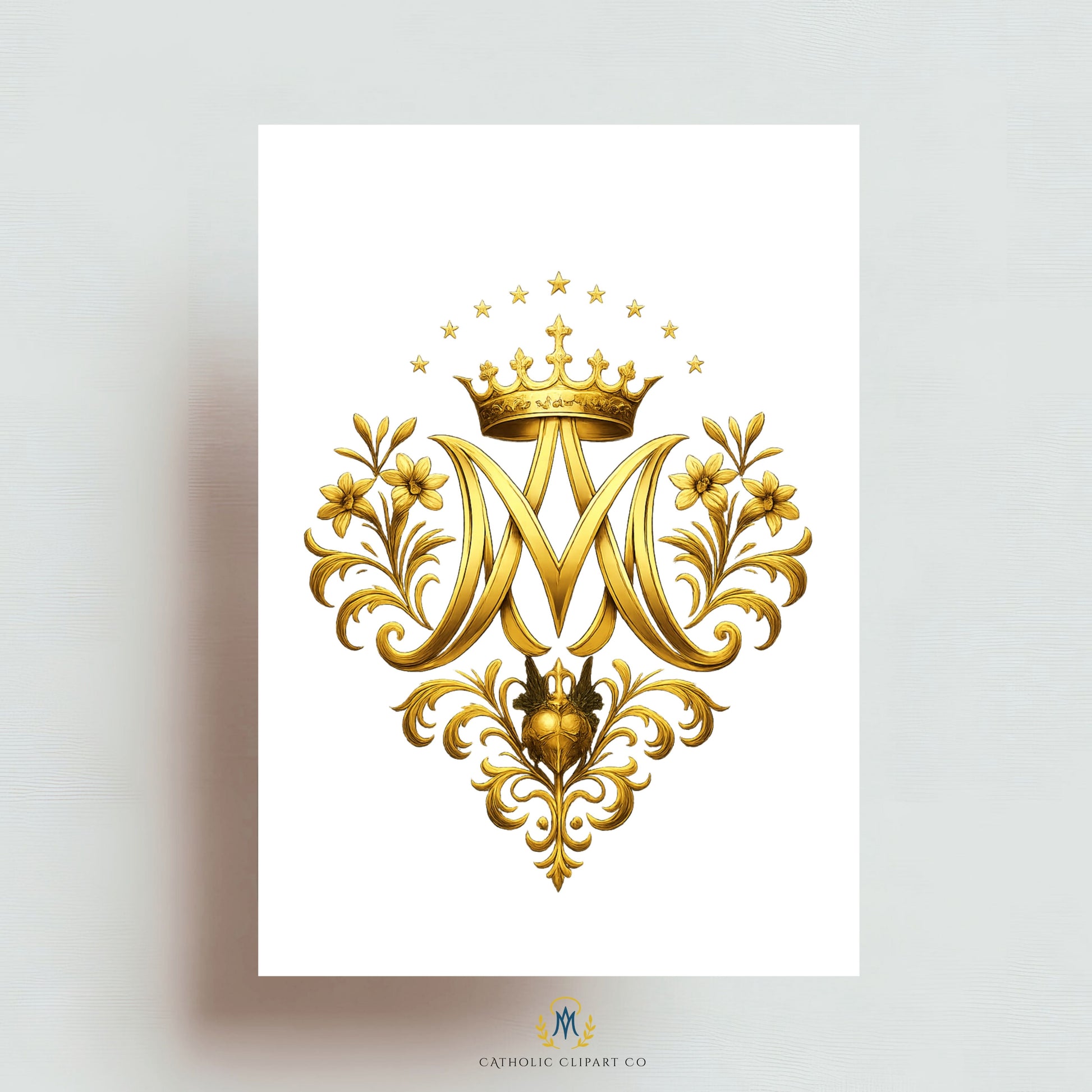 Gold Marian emblem clipart with stars, florals, and traditional Catholic symbolism
