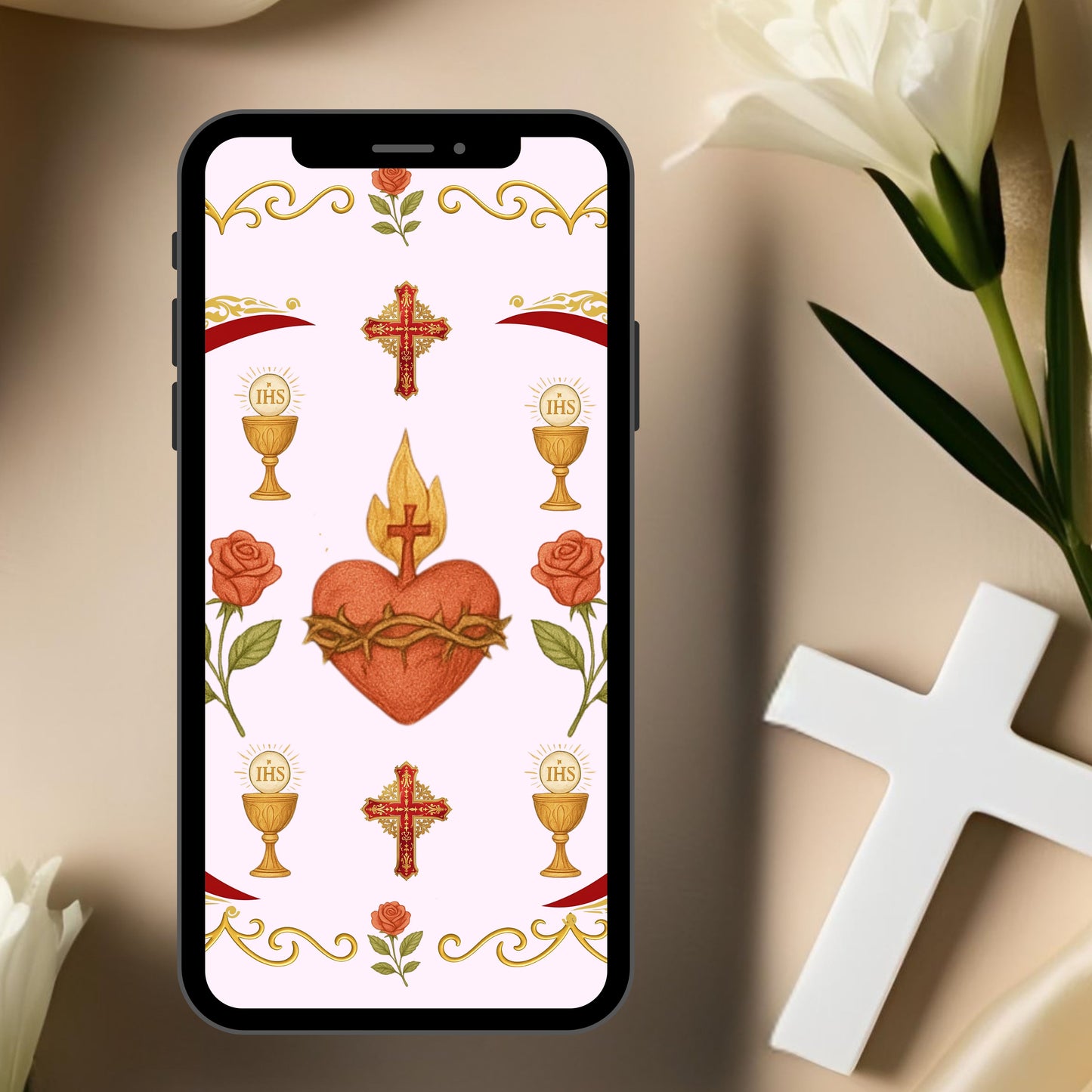 Catholic Digital Paper Bundle | Sacred Heart Eucharist Vintage Design | 12x12 Non-Seamless Religious Scrapbook Paper Set