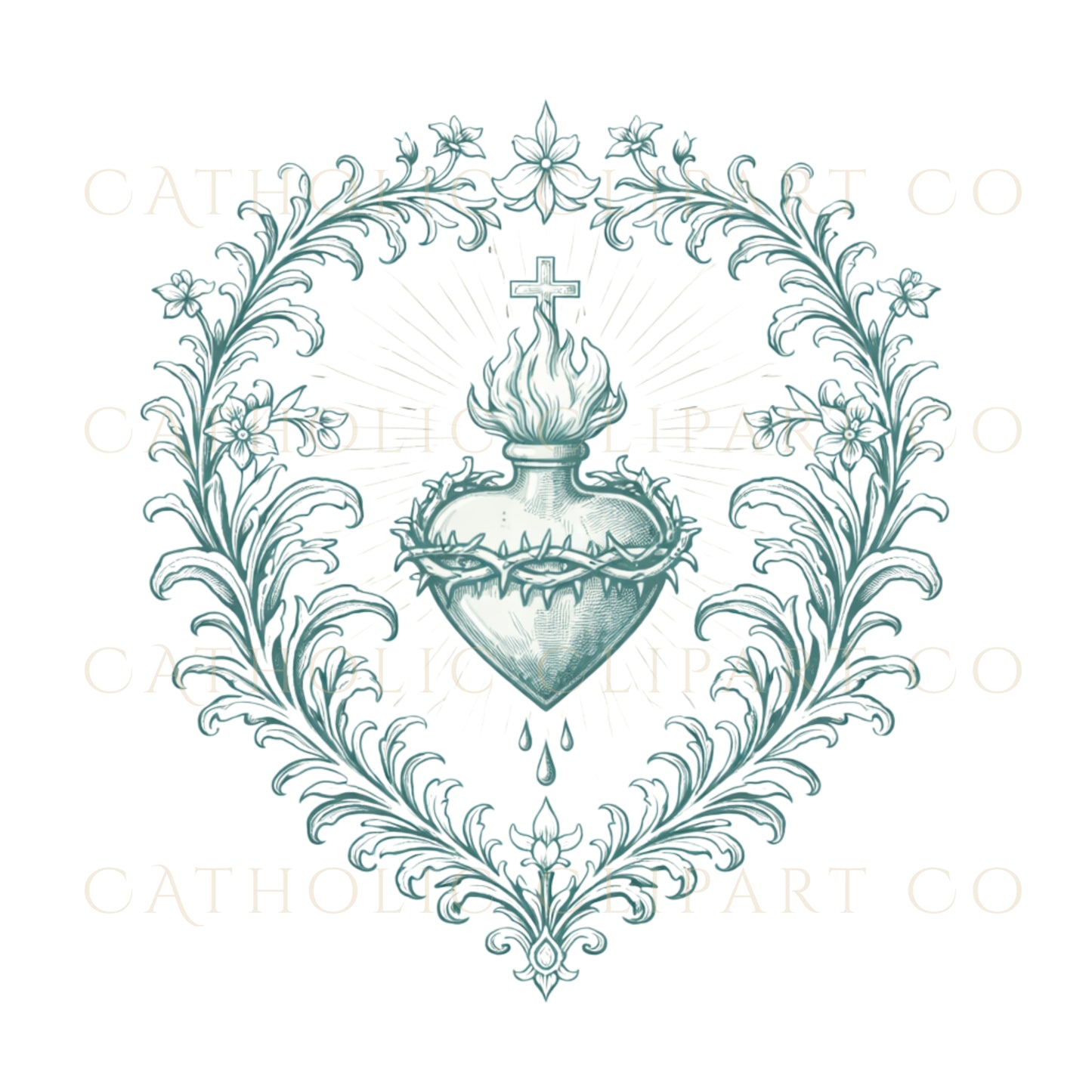 Sacred Heart Clipart PNG | Vintage Sacred Heart of Jesus Emblem Set | Catholic Religious Crest Graphics Commercial Use
