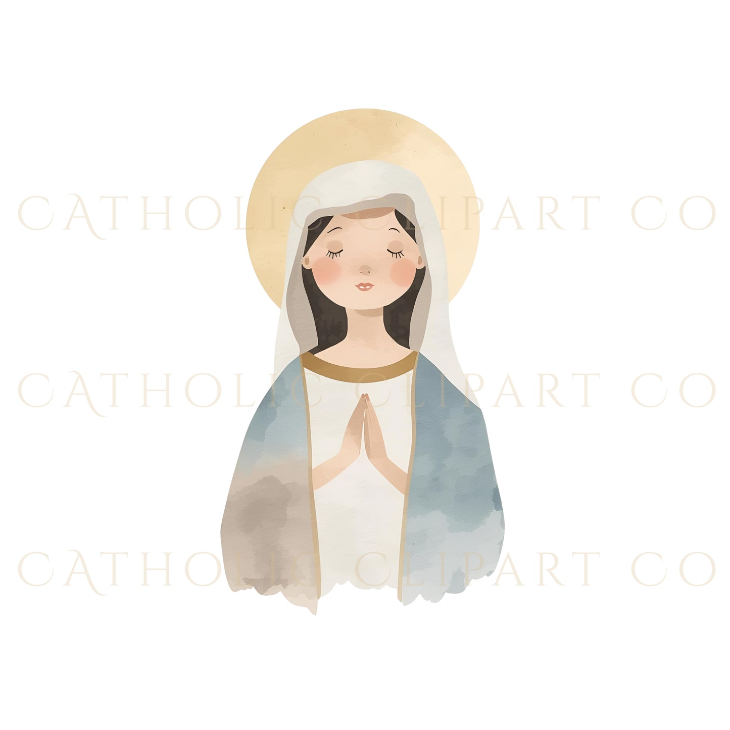 Watercolor Virgin Mary Clipart | Gentle Catholic Mother Mary PNG | Watercolor Marian Art for Christian Crafts & Baptism Invitations