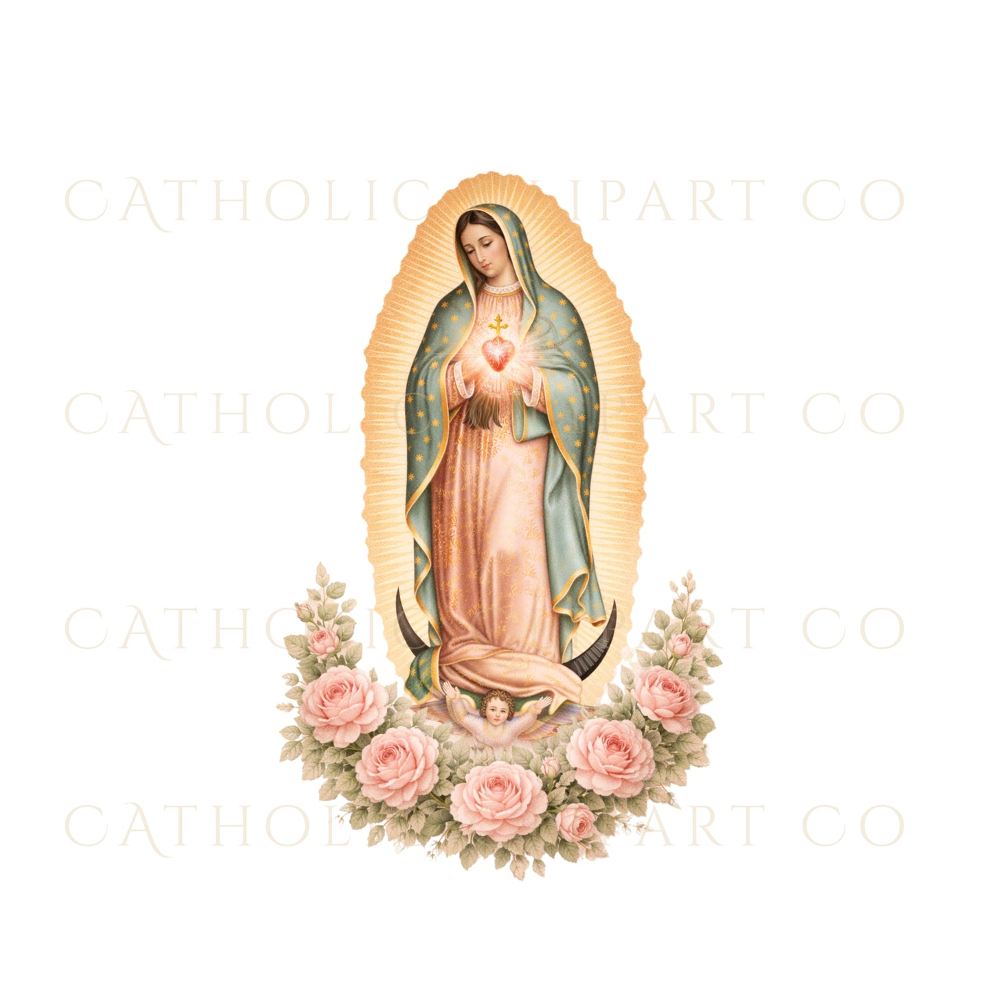 Our Lady of Guadalupe Sacred Heart Clipart, Catholic Marian Devotional PNG JPG, Pink Rose Religious Art for Prayer Journals & Wall Art