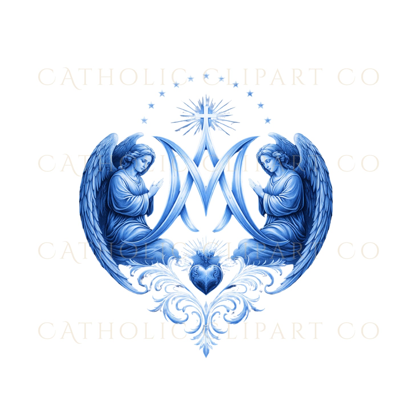 Vintage-style Marian symbol clipart in blue tones / Símbolo mariano estilo vintage en tonos azules
