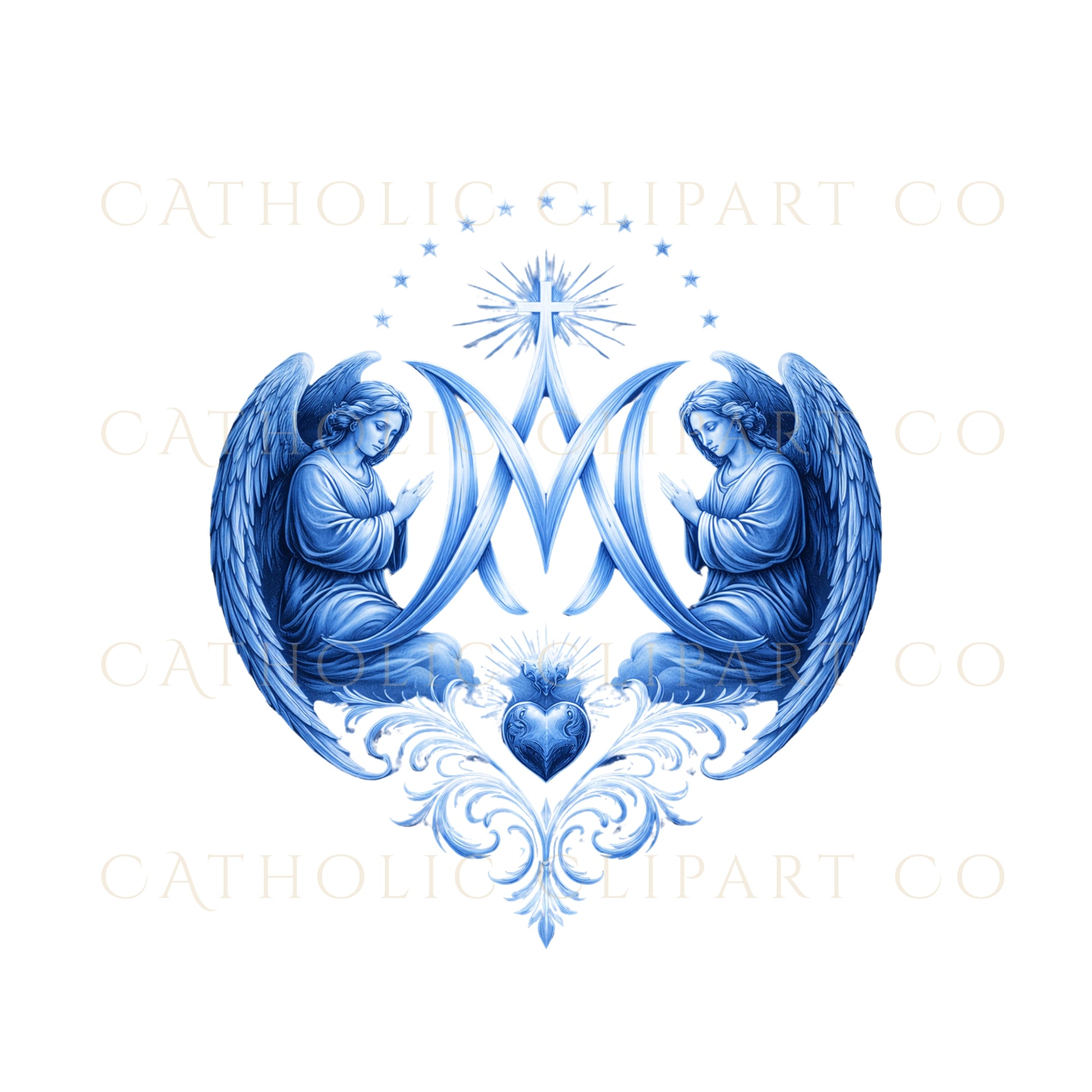 Vintage-style Marian symbol clipart in blue tones / Símbolo mariano estilo vintage en tonos azules