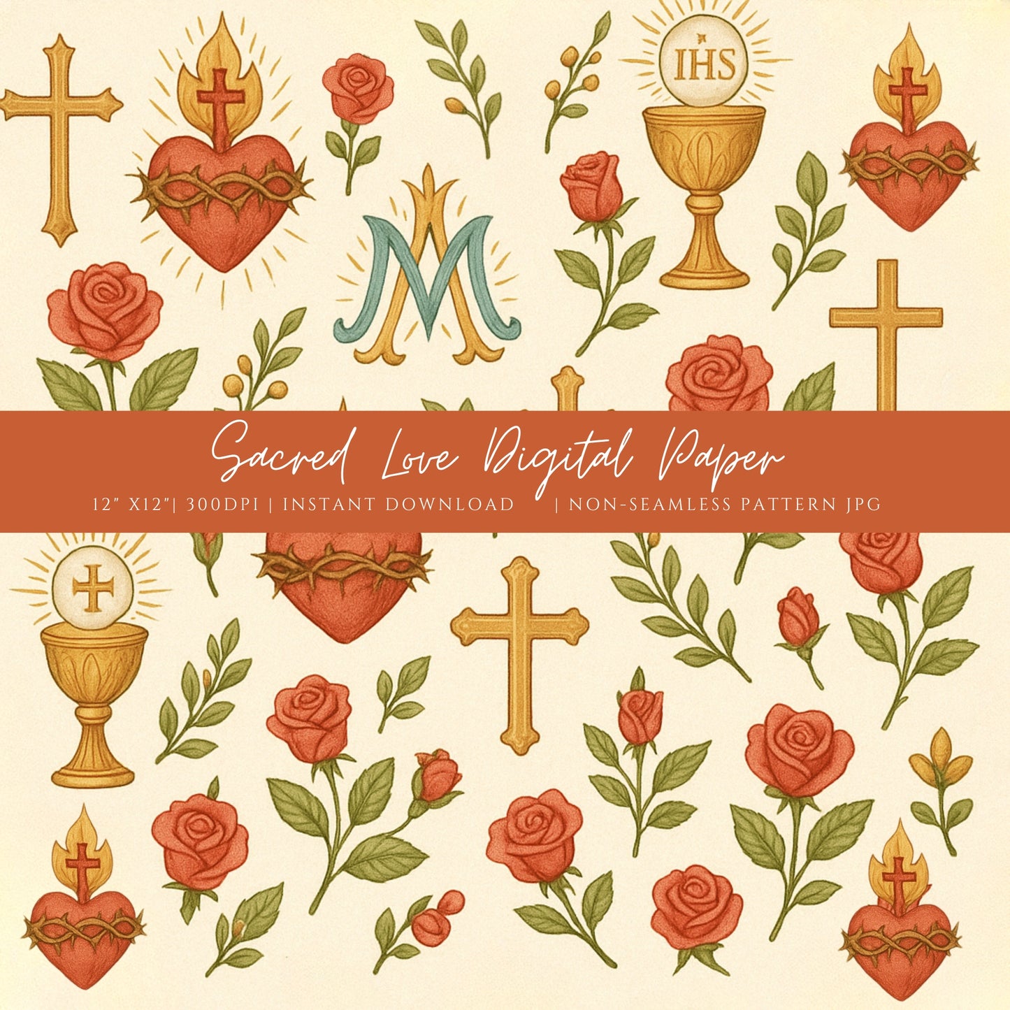 Sacred Heart and Catholic symbols pattern with crosses, chalice, and roses / Patrón de símbolos católicos con Sagrado Corazón, cruces, cáliz y rosas.