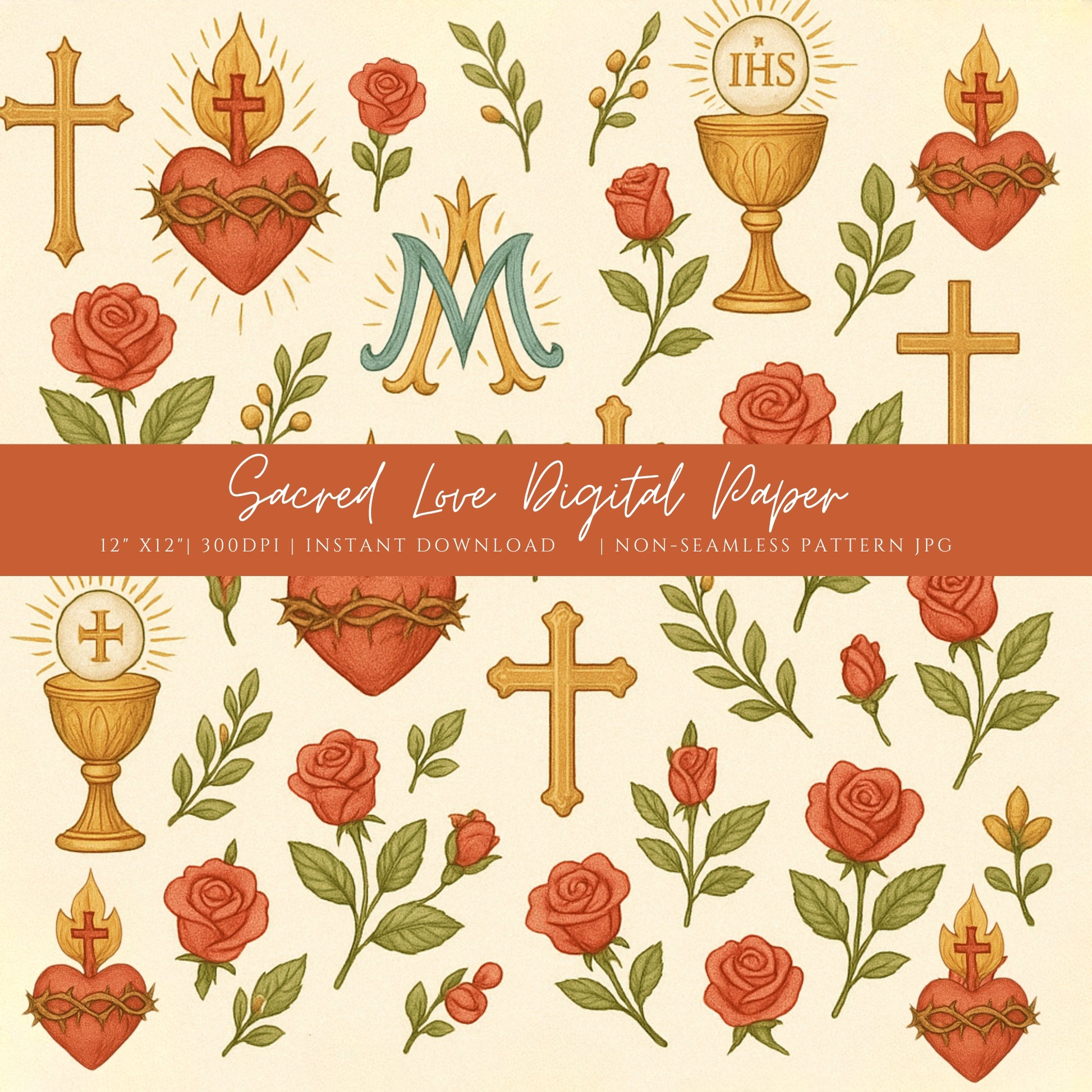Sacred Heart and Catholic symbols pattern with crosses, chalice, and roses / Patrón de símbolos católicos con Sagrado Corazón, cruces, cáliz y rosas.