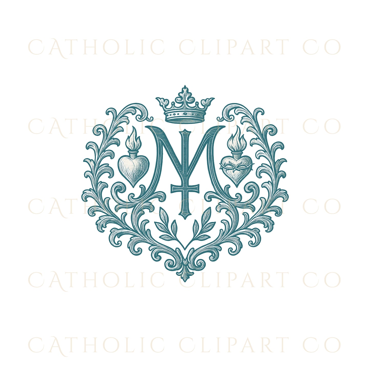 Auspice of Mary Clipart, Marian Monogram PNG JPG, Catholic M Symbol Clipart Set, Vintage Blue Marian Emblem, Luxury Catholic Art