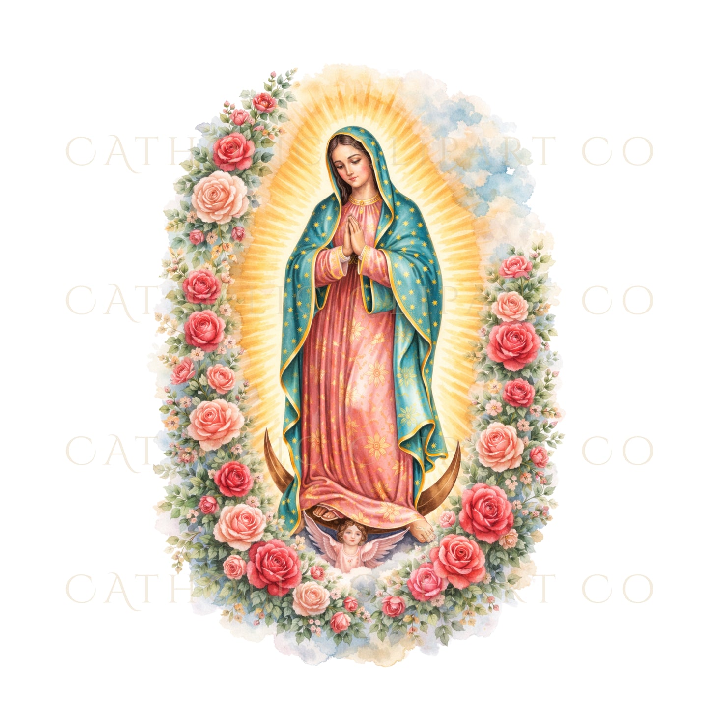 Our Lady of Guadalupe Clipart PNG | Watercolor Marian Art with Roses | Catholic Devotional Clipart Commercial Use