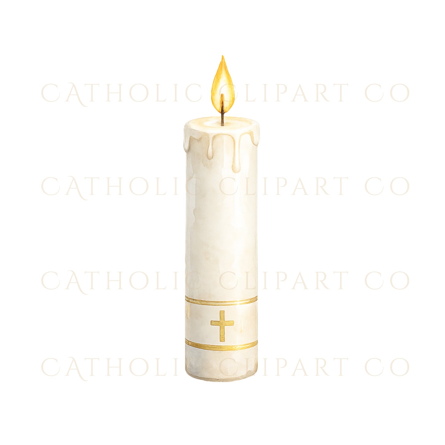 White Catholic baptism candle watercolor clipart with gold cross | Vela blanca de bautismo católico en acuarela con cruz dorada