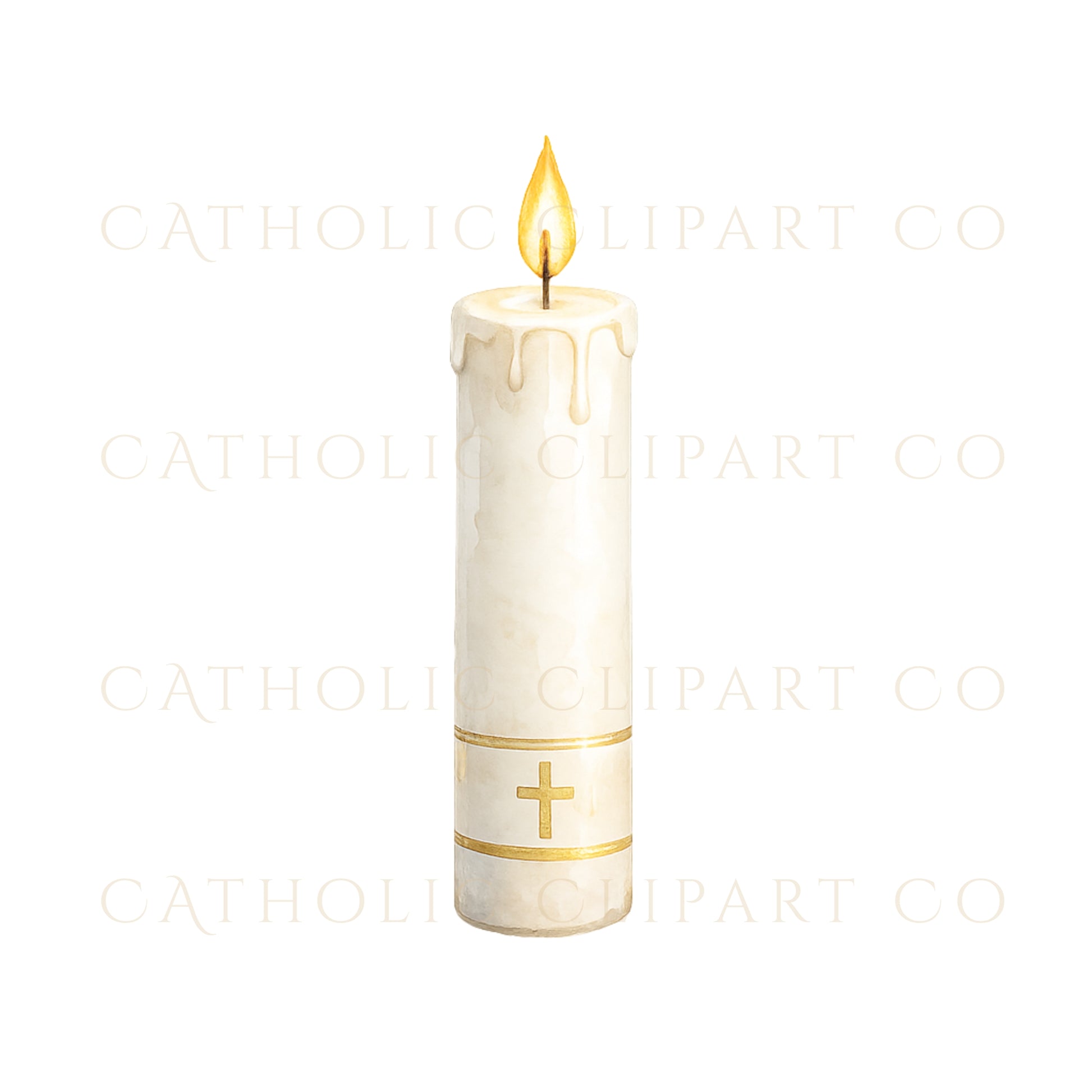 White Catholic baptism candle watercolor clipart with gold cross | Vela blanca de bautismo católico en acuarela con cruz dorada