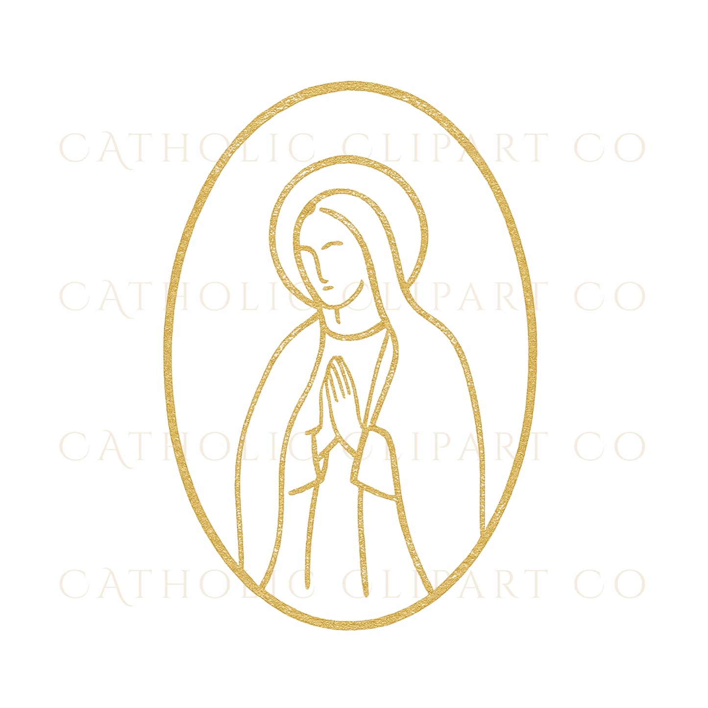 Elegant gold Virgin Mary line art inside an oval frame, minimalist Marian religious clipart 