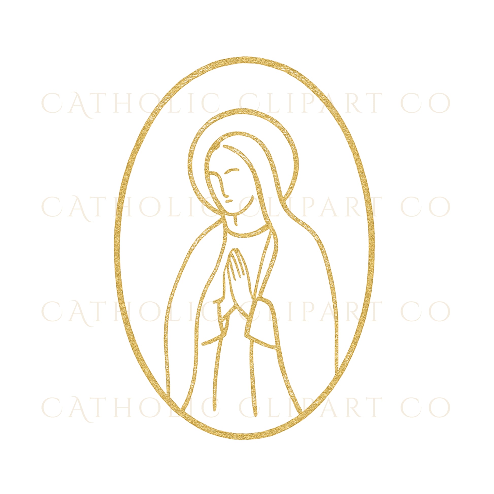 Elegant gold Virgin Mary line art inside an oval frame, minimalist Marian religious clipart 