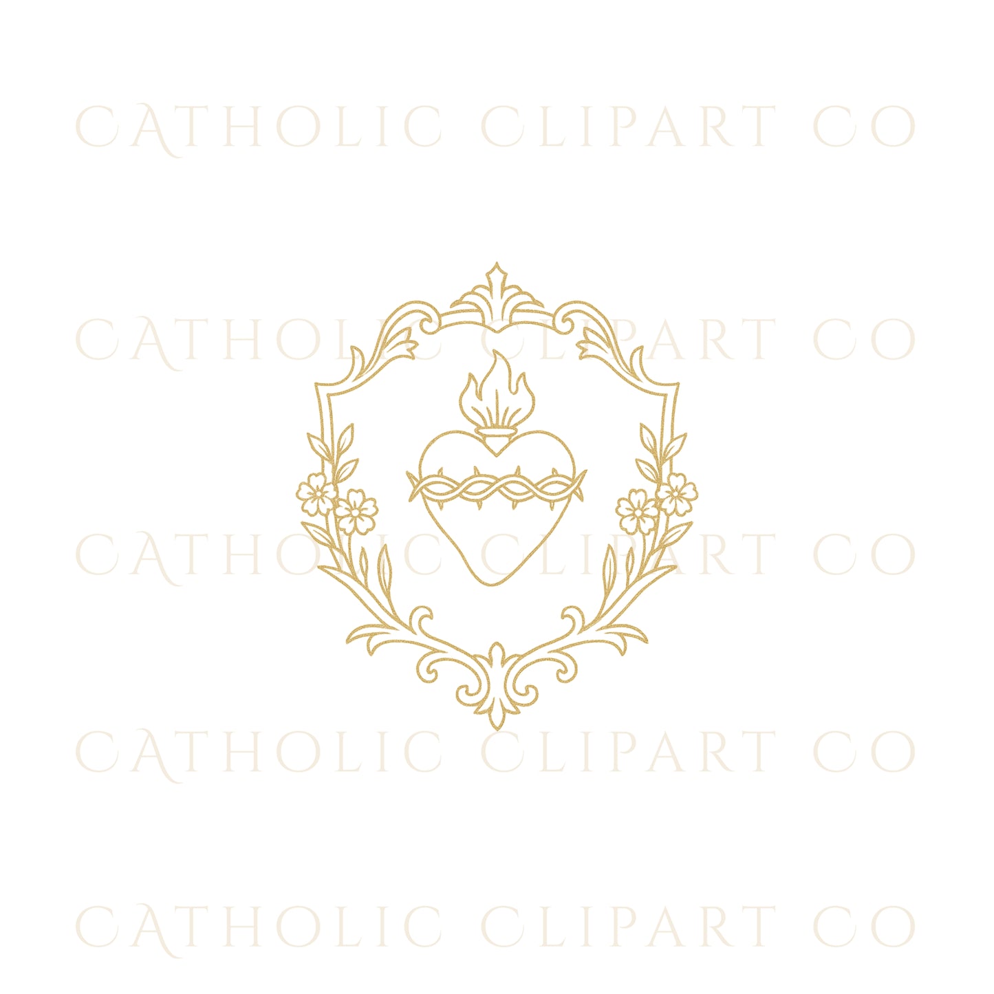 Sacred Heart Crest Clipart, Gold Foil Catholic Sacred Heart PNG JPG, IHS Religious Emblem for Communion Wedding Designs