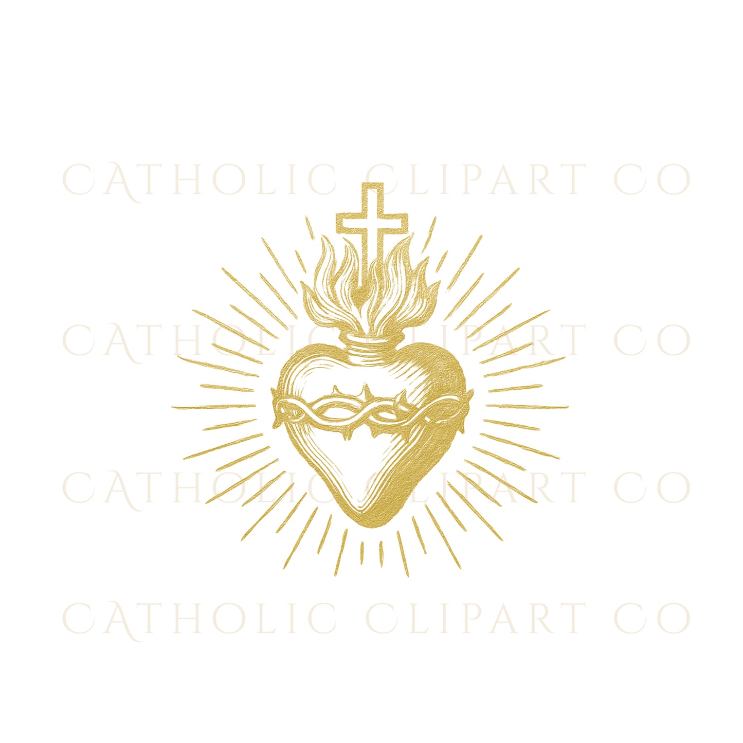 Sacred Heart of Jesus Clipart IHS Catholic Vintage Gold Sepia Religious Art PNG JPG Christian Sacred Heart Design