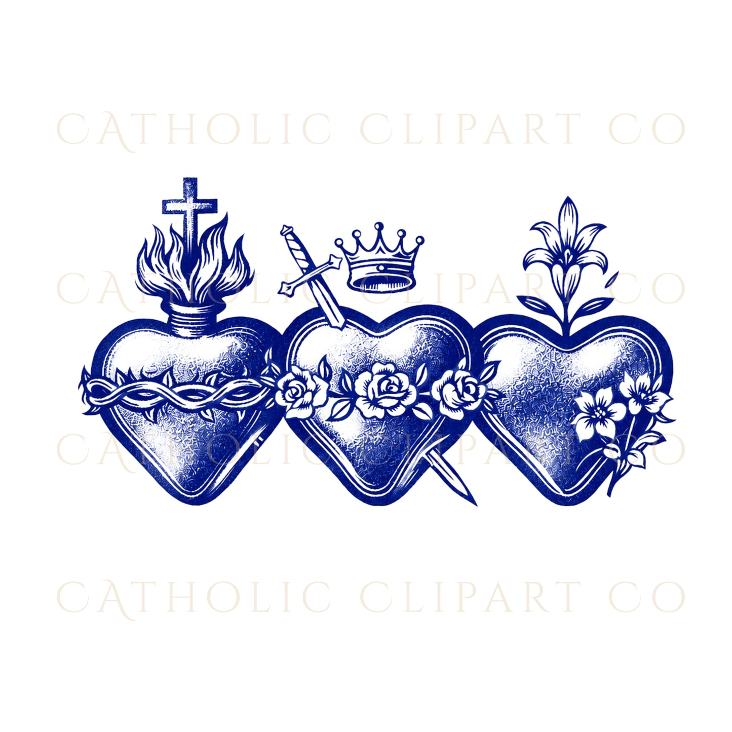 Blue Sacred Hearts Clipart PNG Bundle, Sacred Heart of Jesus Mary Joseph Clipart, Catholic Blue Crest Clipart, Commercial Use