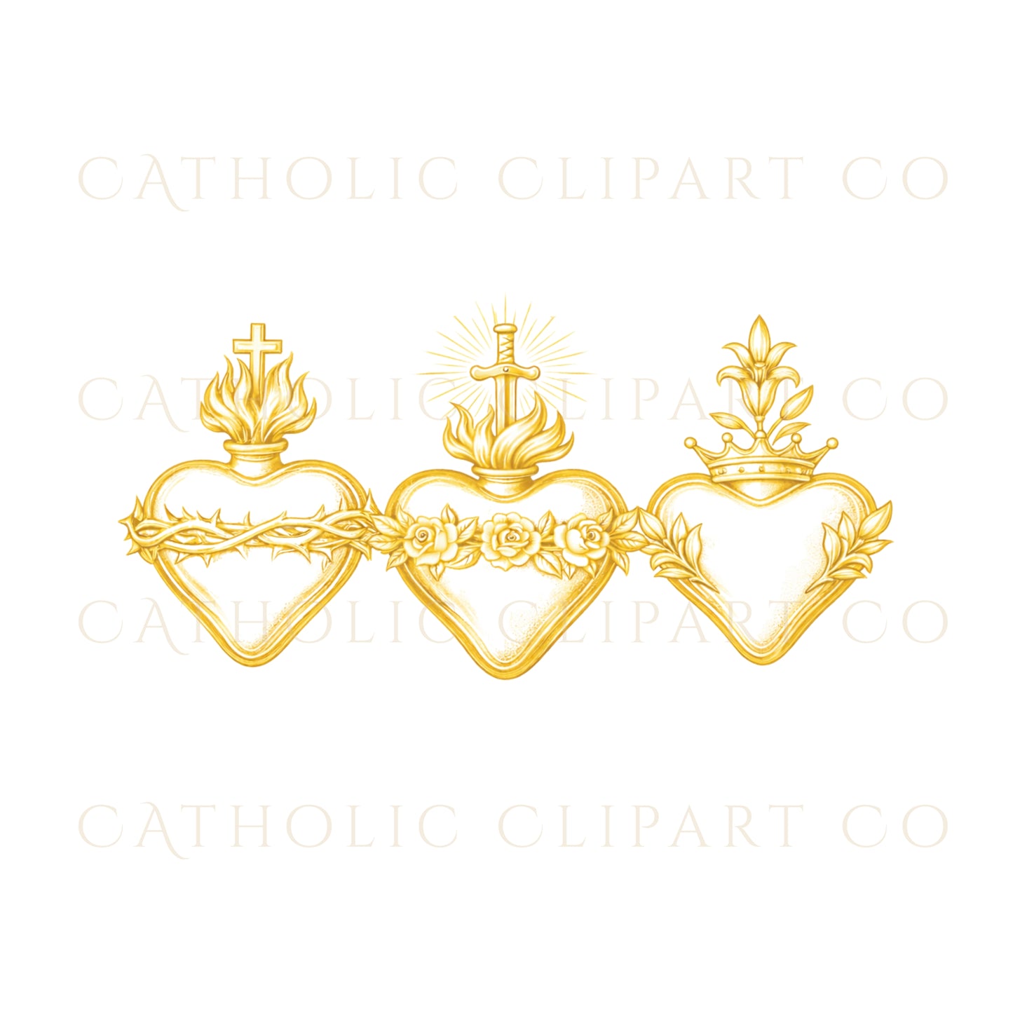 Catholic heraldic crest with Sacred Hearts of Jesus, Mary and Joseph in elegant gold style | Escudo heráldico católico con los Corazones Sagrados de Jesús, María y José en estilo dorado elegante