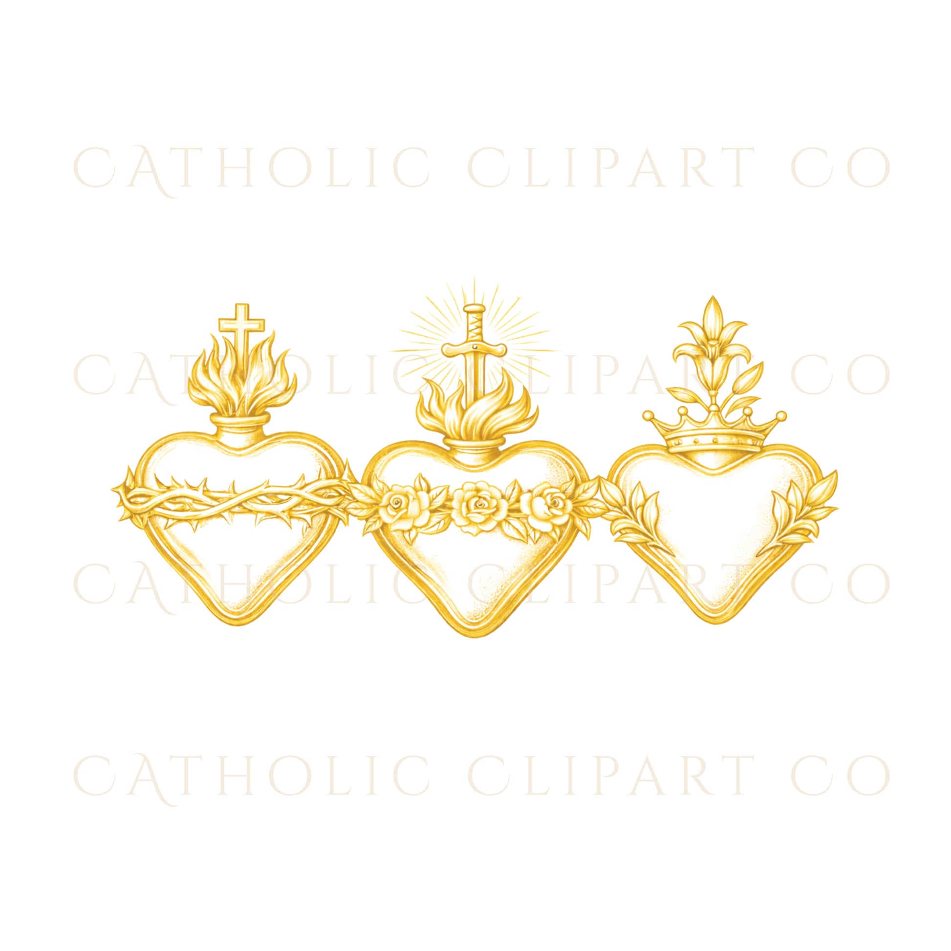 Catholic heraldic crest with Sacred Hearts of Jesus, Mary and Joseph in elegant gold style | Escudo heráldico católico con los Corazones Sagrados de Jesús, María y José en estilo dorado elegante