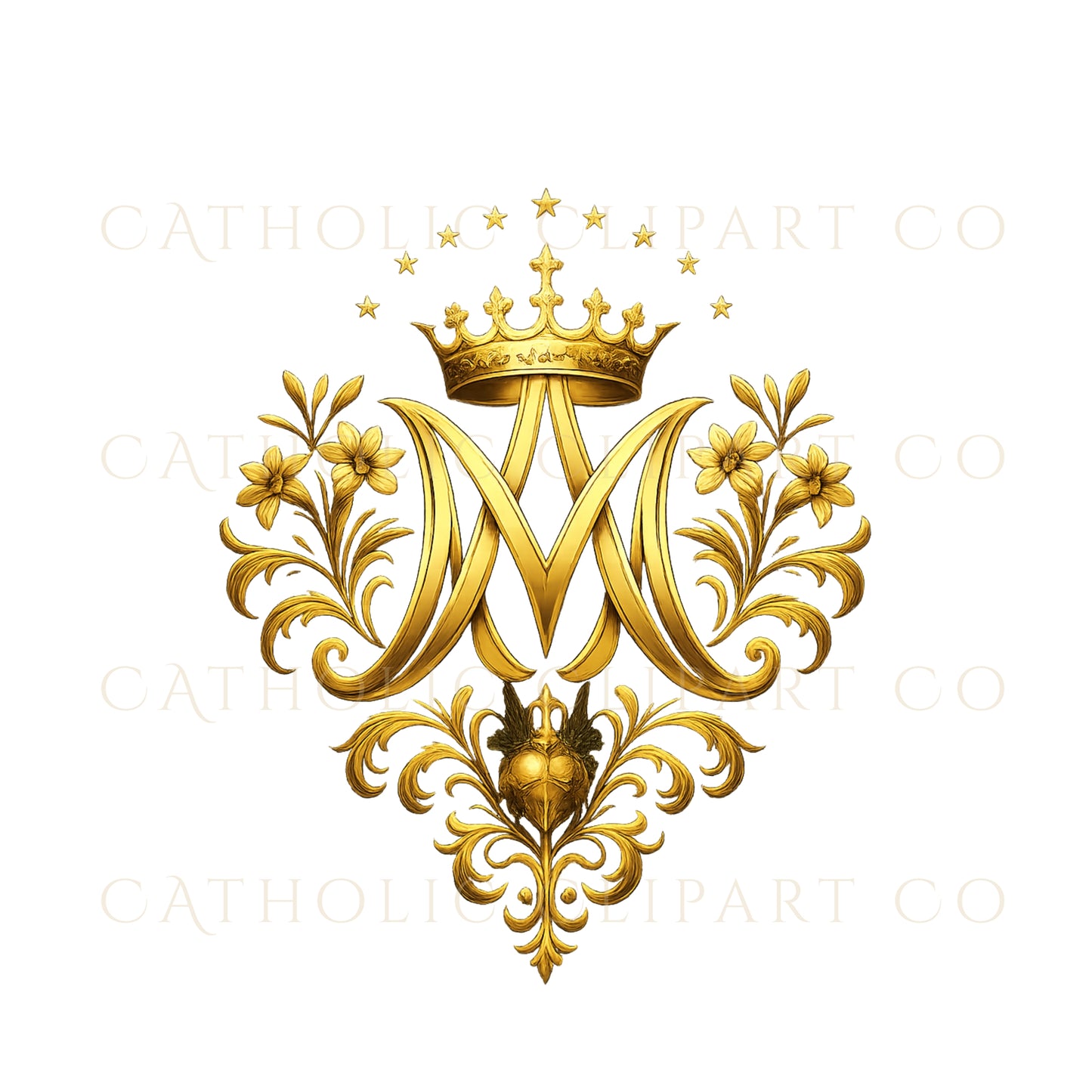 Auspice of Mary Clipart | Gold Marian Auspice Emblem | Floral Virgin Mary Monogram PNG | Catholic Commercial Use