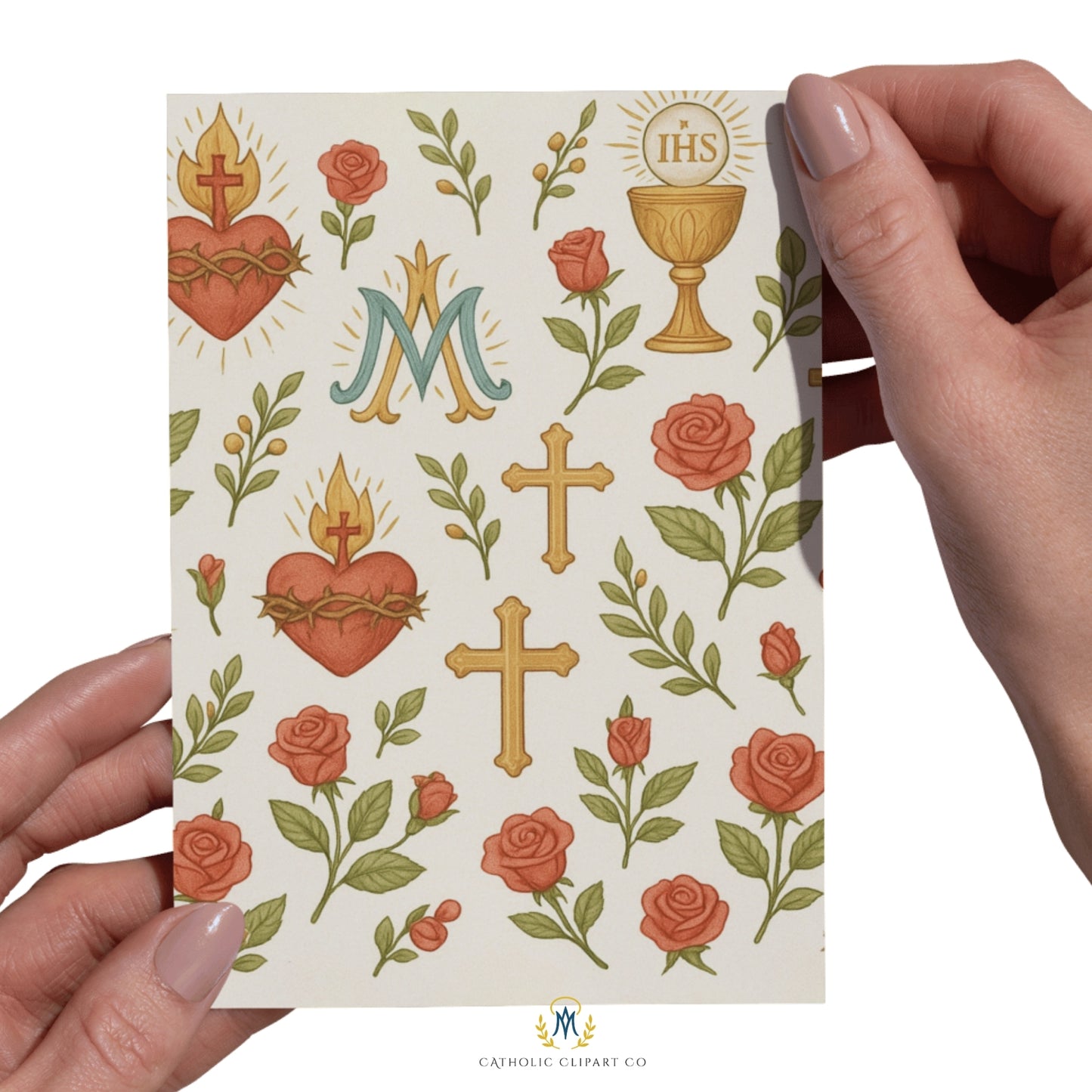 Catholic scrapbook paper with roses, crosses, chalice, and Marian “M” / Papel para scrapbook con rosas, cruces, cáliz y monograma Mariano.