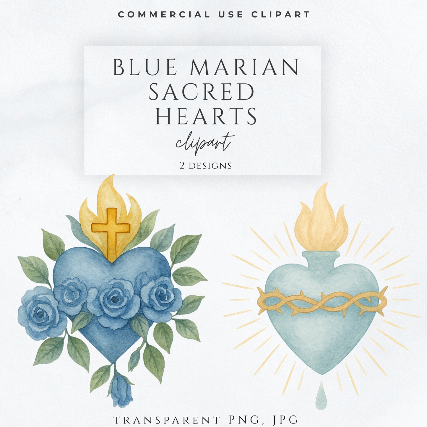 Blue watercolor Sacred Heart of Jesus with gold crown of thorns and radiant light – Acuarela del Sagrado Corazón de Jesús azul con corona de espinas dorada y rayos.