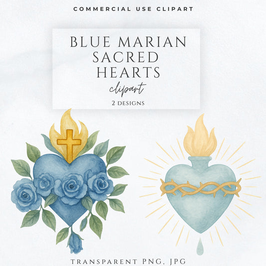 Blue watercolor Sacred Heart of Jesus with gold crown of thorns and radiant light – Acuarela del Sagrado Corazón de Jesús azul con corona de espinas dorada y rayos.