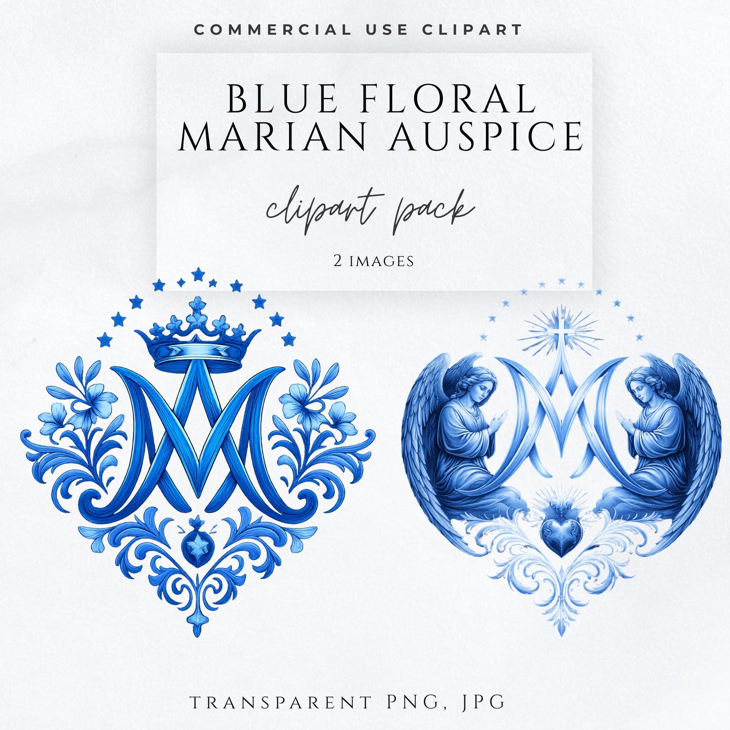 Blue floral Marian monogram clipart with crown and stars / Monograma mariano floral azul con corona y estrellas