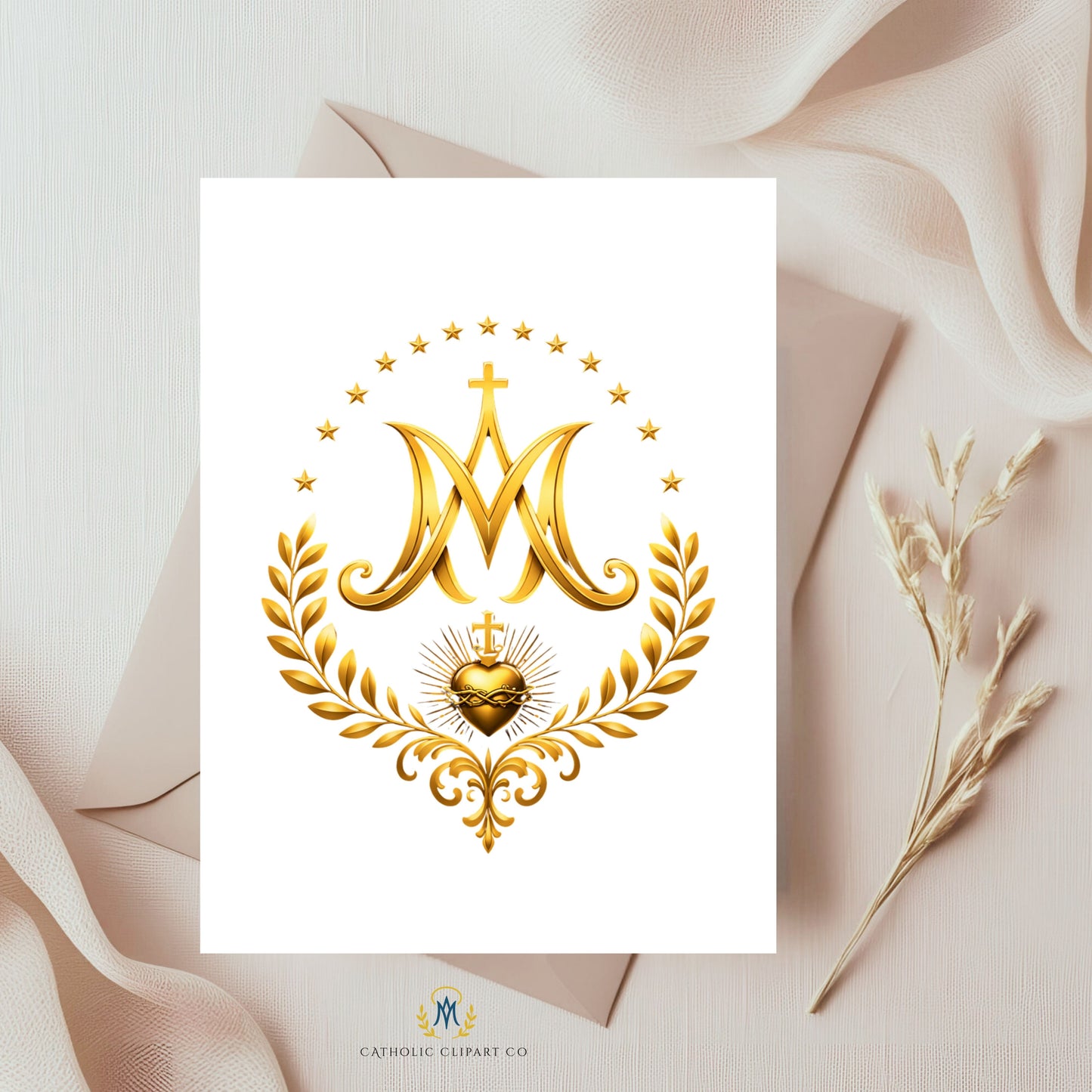 Catholic gold Marian auspice PNG for religious wedding or church designs
