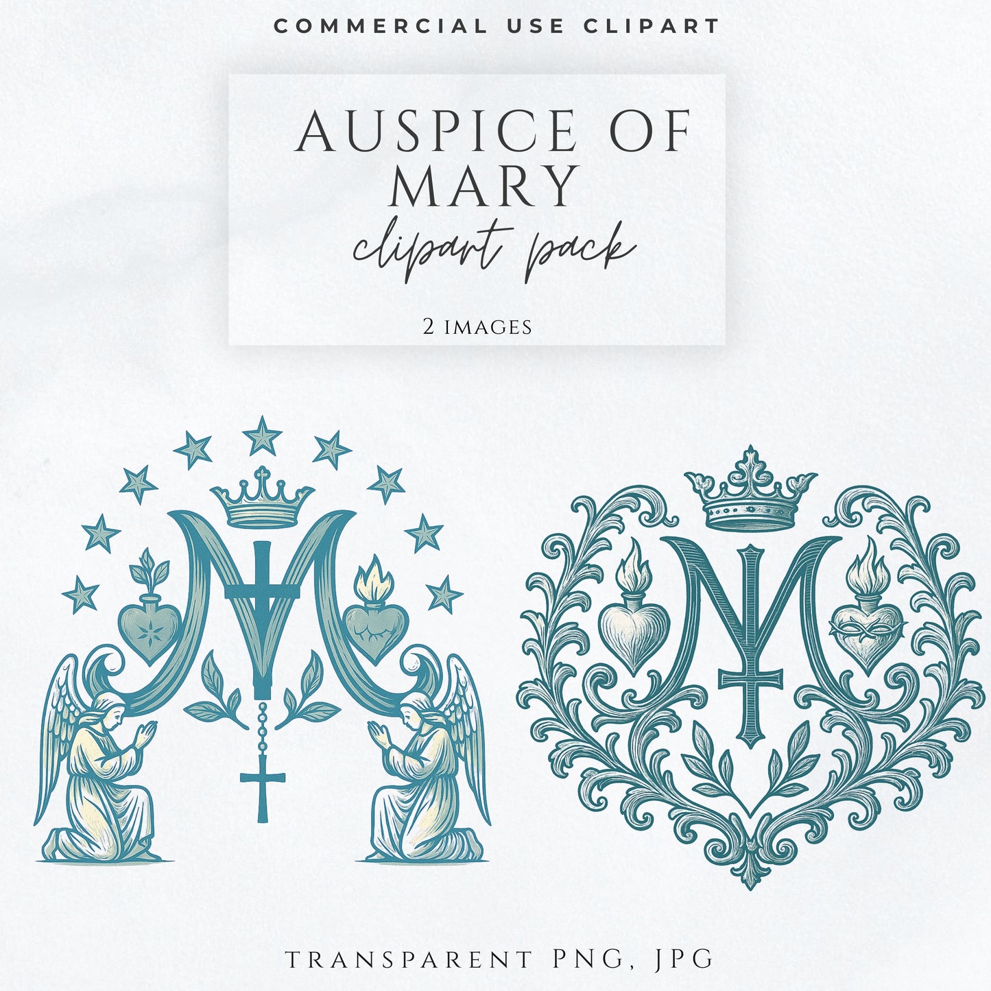 Auspice of Mary Clipart, Marian Monogram PNG JPG, Catholic M Symbol Clipart Set, Vintage Blue Marian Emblem, Luxury Catholic Art