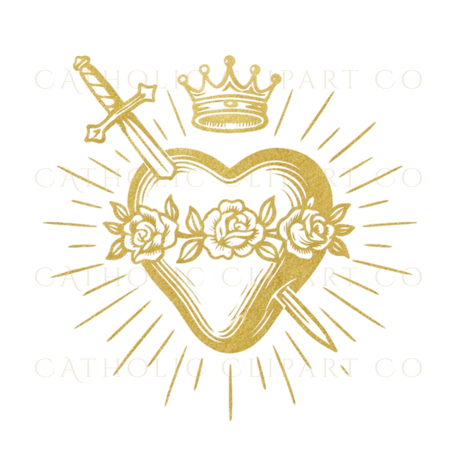 Sacred Hearts of Jesus Mary Joseph PNG | Immaculate Heart & St Joseph Catholic Clipart | Gold Religious art for Commercial Use