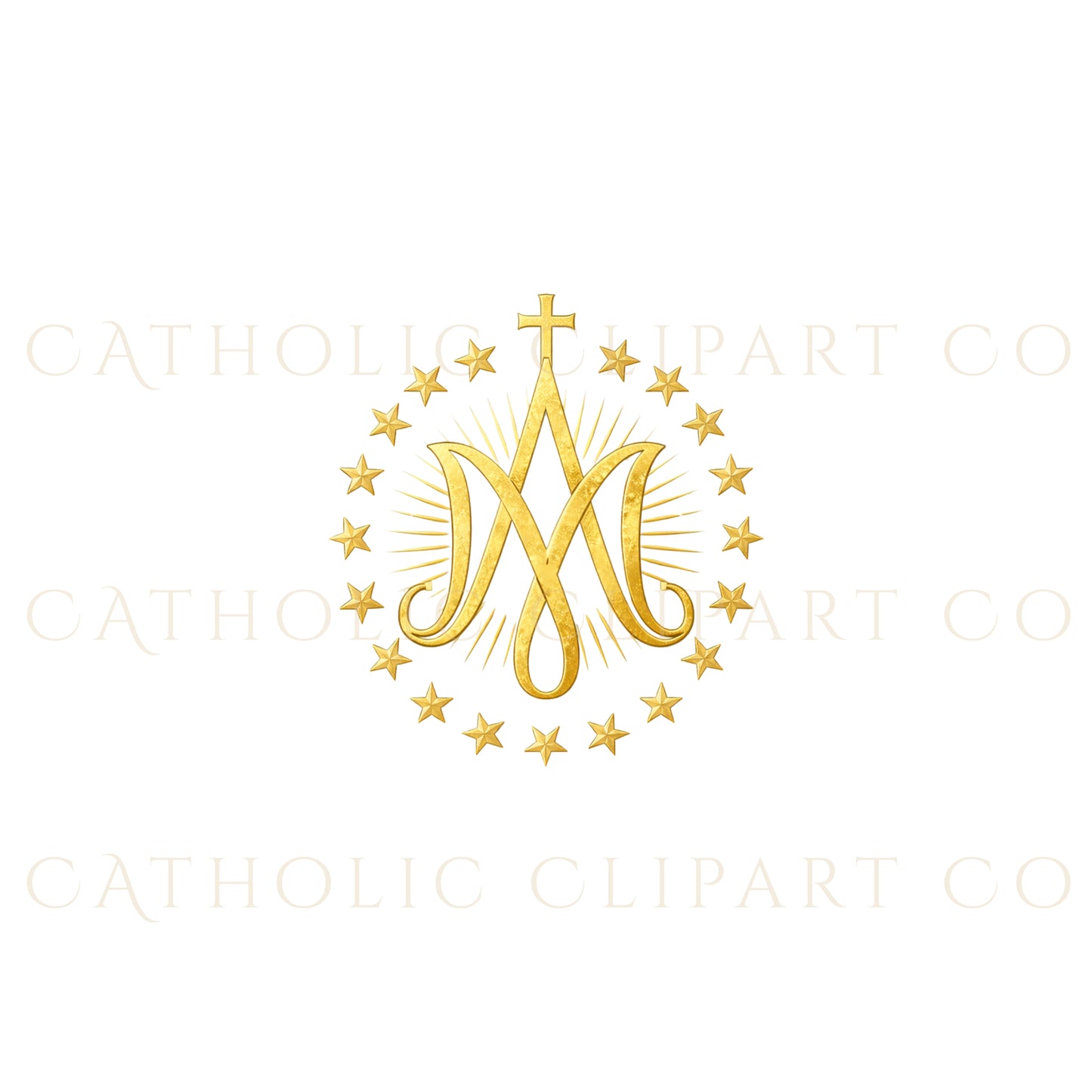 Marian Crest Clipart Set | Gold Marian M Monogram, Catholic Frame & Halo Symbols, Virgin Mary PNG