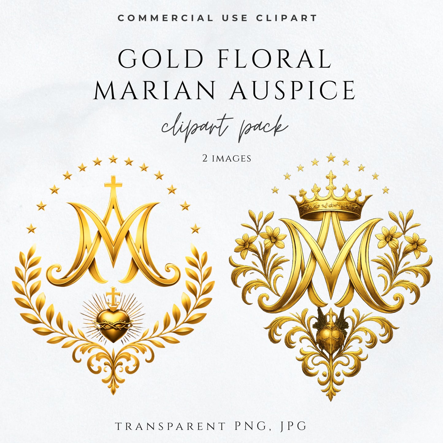 Gold Marian Auspice clipart with floral Virgin Mary monogram and stars
