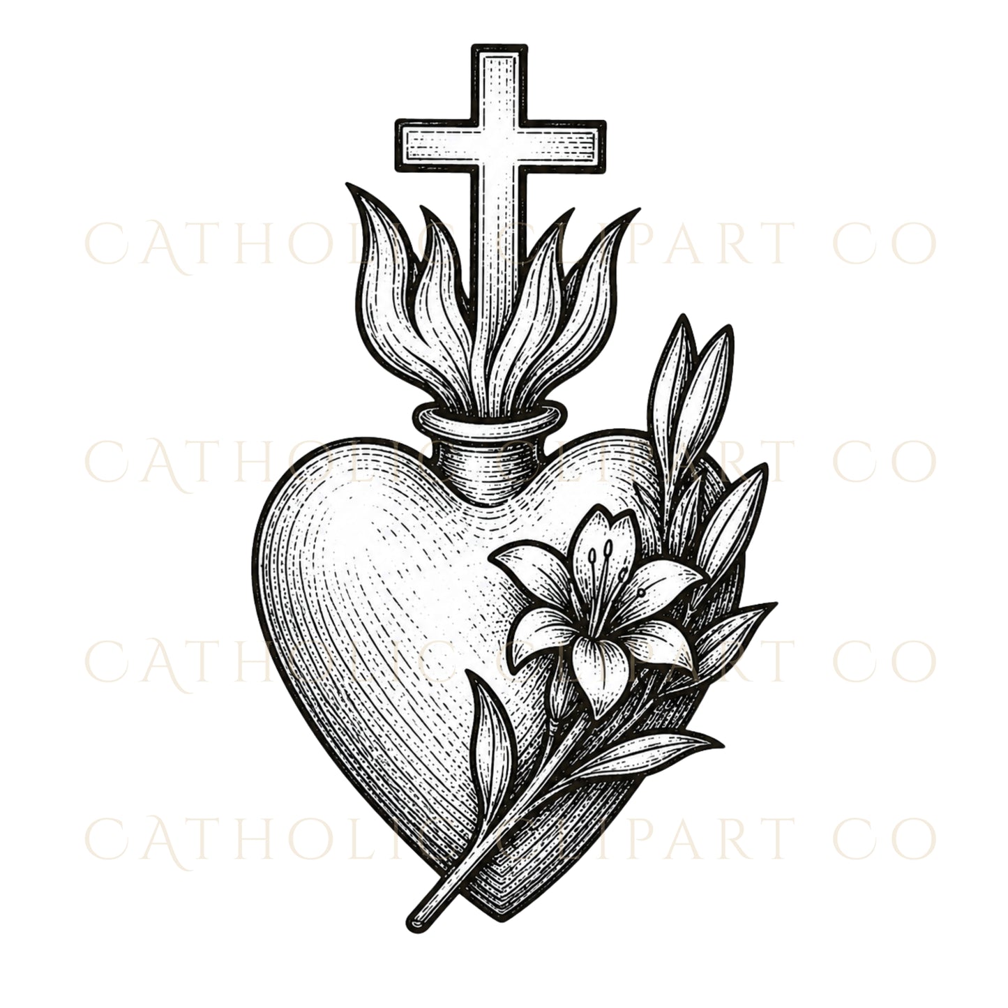Sacred Heart Clipart PNG Bundle, Vintage Catholic Engravings, Religious Graphics, Commercial Use
