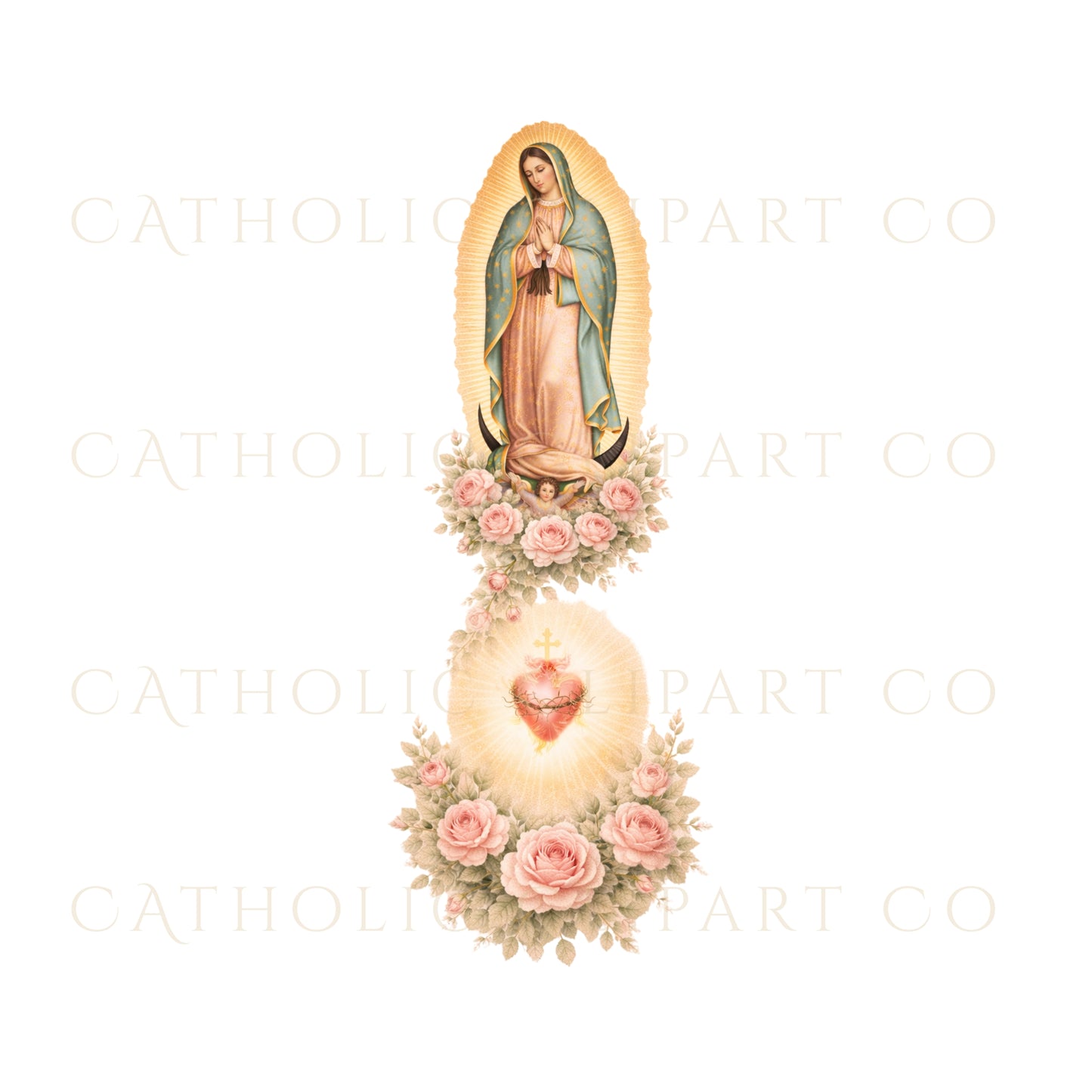 Our Lady of Guadalupe Sacred Heart Clipart, Catholic Marian Devotional PNG JPG, Pink Rose Religious Art for Prayer Journals & Wall Art