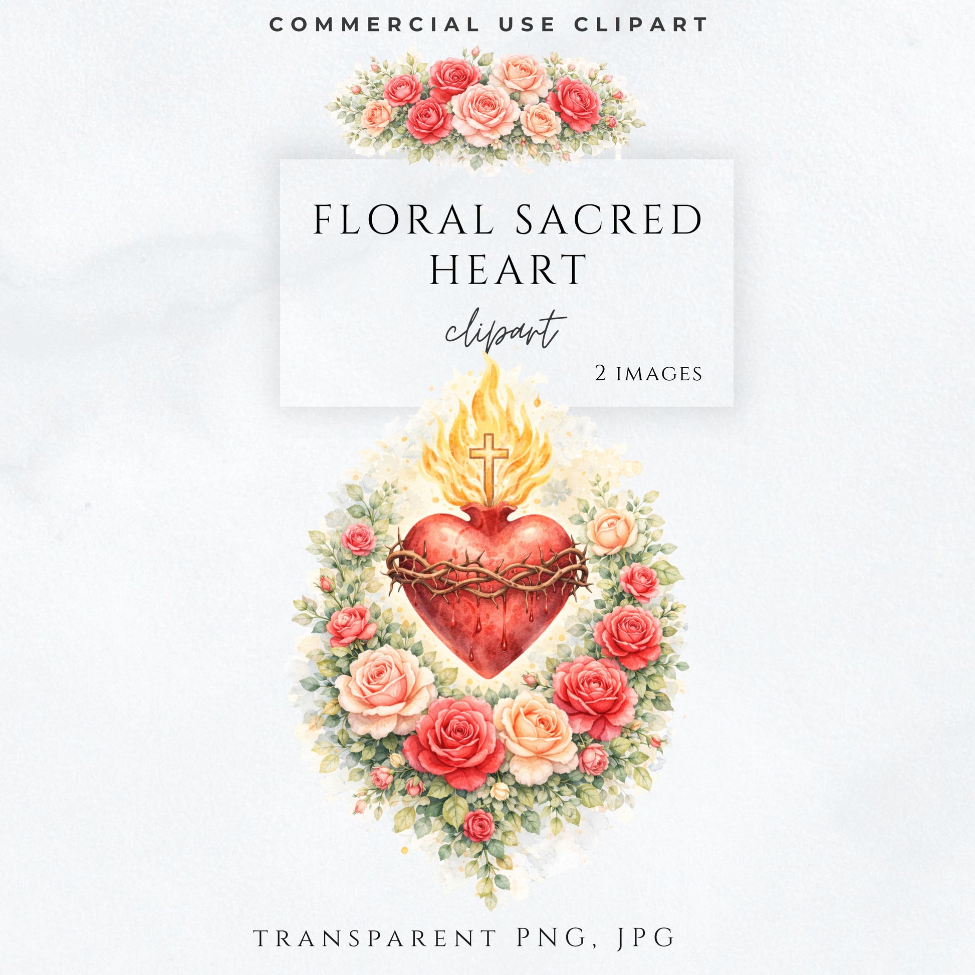 Sacred Heart of Jesus watercolor clipart with roses, Catholic devotional art PNG / Clipart en acuarela del Sagrado Corazón de Jesús con rosas, arte católico