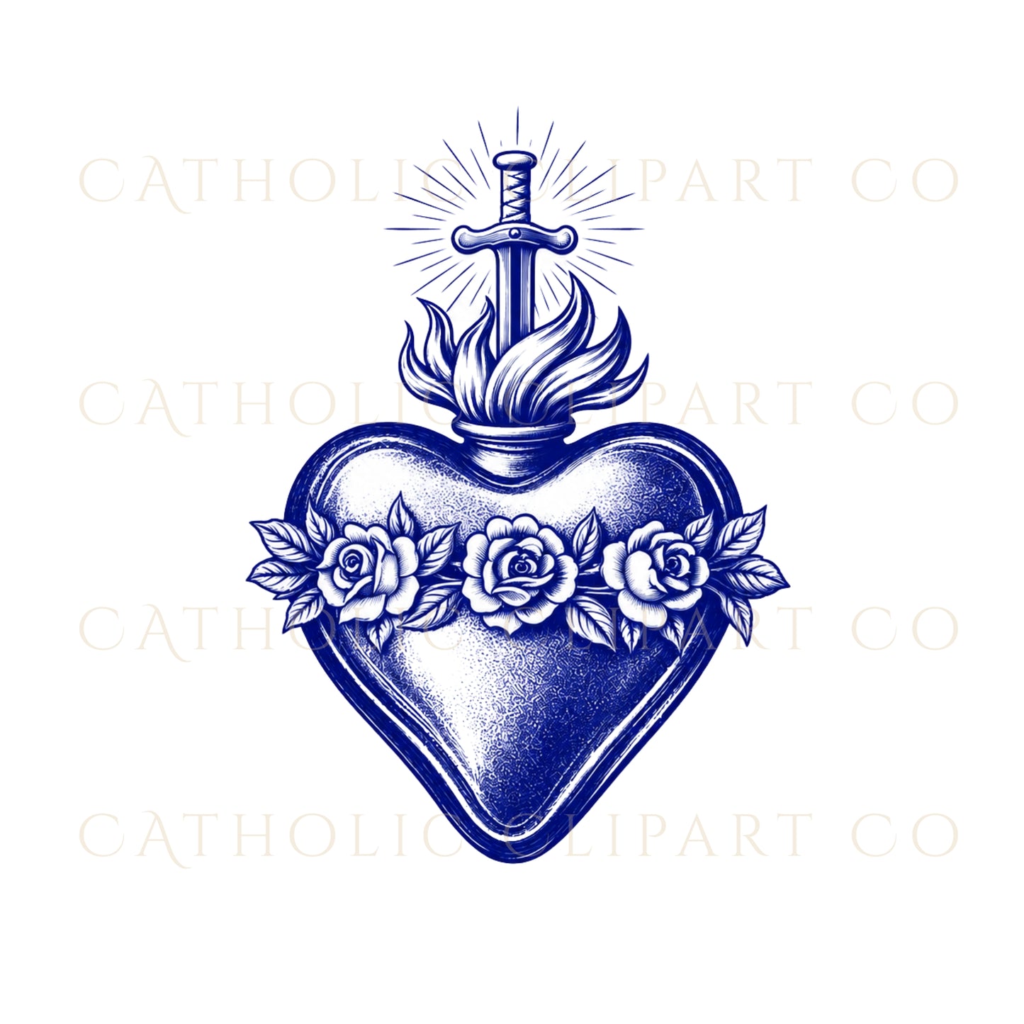 Blue Sacred Hearts Clipart PNG Bundle, Sacred Heart of Jesus Mary Joseph Clipart, Catholic Blue Crest Clipart, Commercial Use