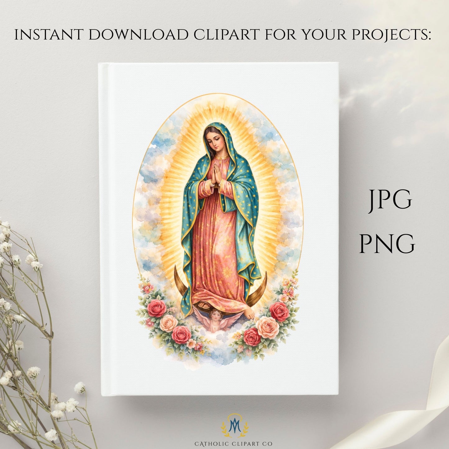 Watercolor Marian devotional clipart featuring Our Lady of Guadalupe | Clipart devocional mariano en acuarela de Nuestra Señora de Guadalupe