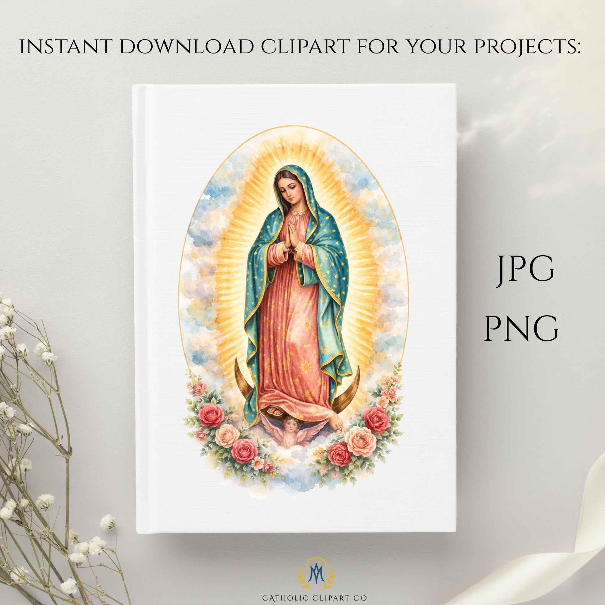 Watercolor Marian devotional clipart featuring Our Lady of Guadalupe | Clipart devocional mariano en acuarela de Nuestra Señora de Guadalupe
