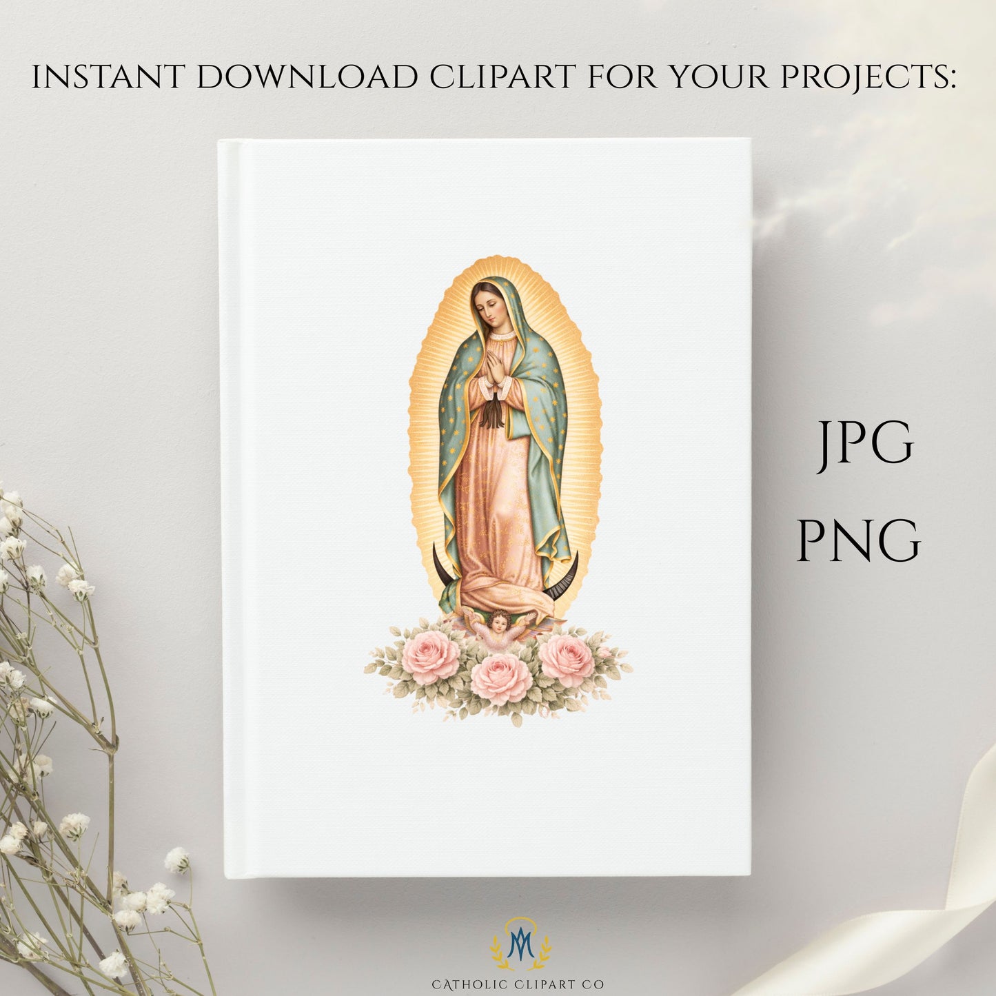 Guadalupe Clipart Pink Roses, Our Lady of Guadalupe Catholic Floral PNG, Virgin Mary Religious Wedding Baptism Art, 4 Images