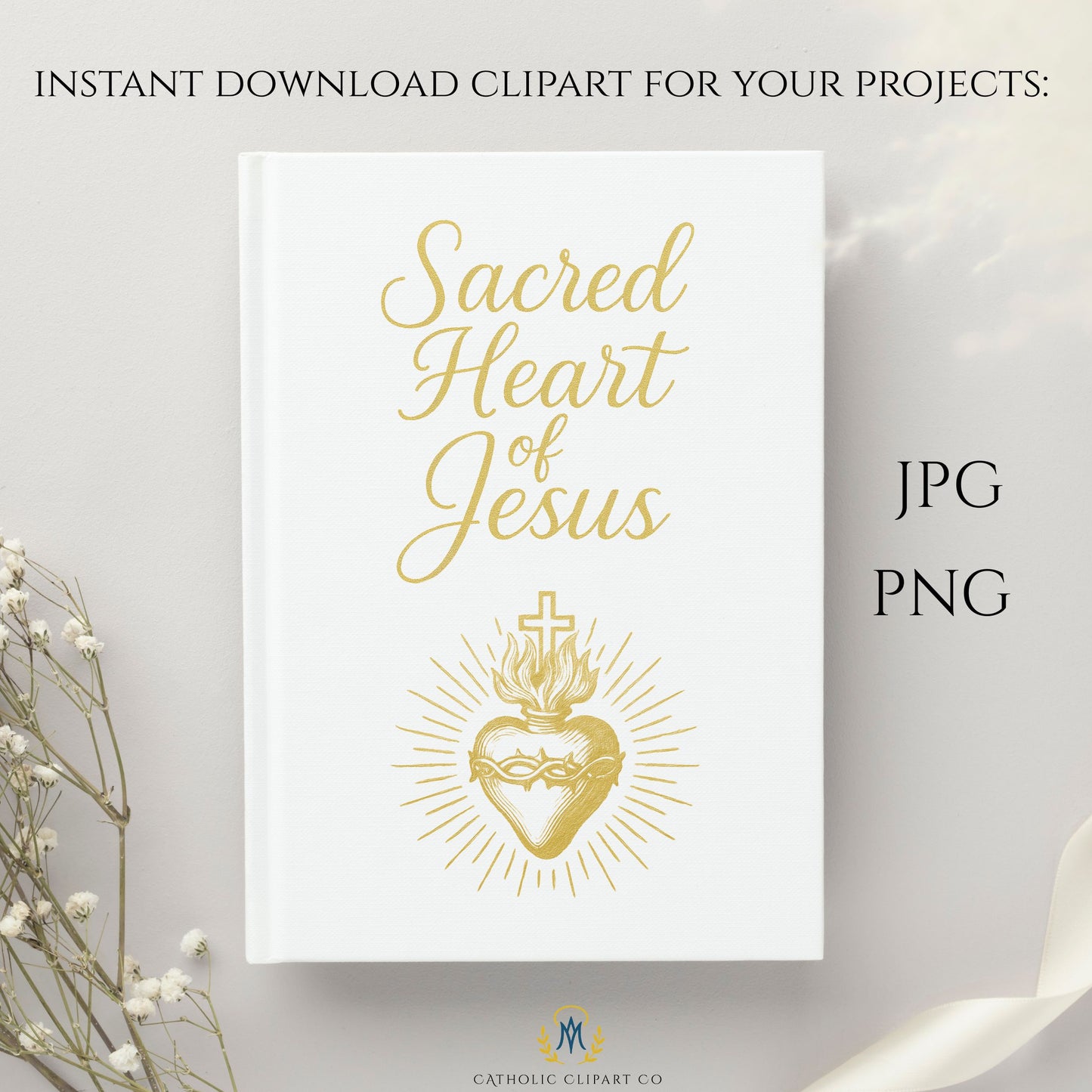 Sacred Heart of Jesus Clipart IHS Catholic Vintage Gold Sepia Religious Art PNG JPG Christian Sacred Heart Design