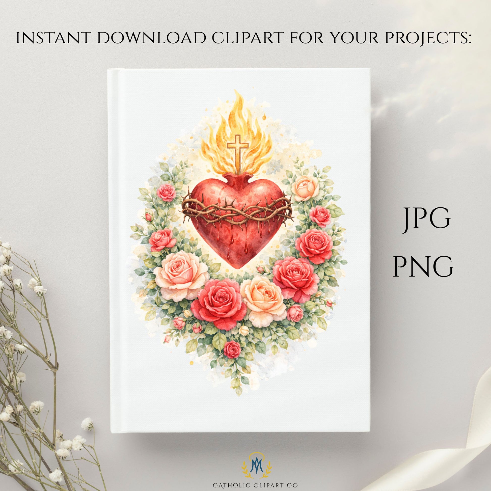 Floral Sacred Heart of Jesus illustration for Catholic prayer cards and wall art / Ilustración floral del Sagrado Corazón de Jesús para estampitas y arte mural