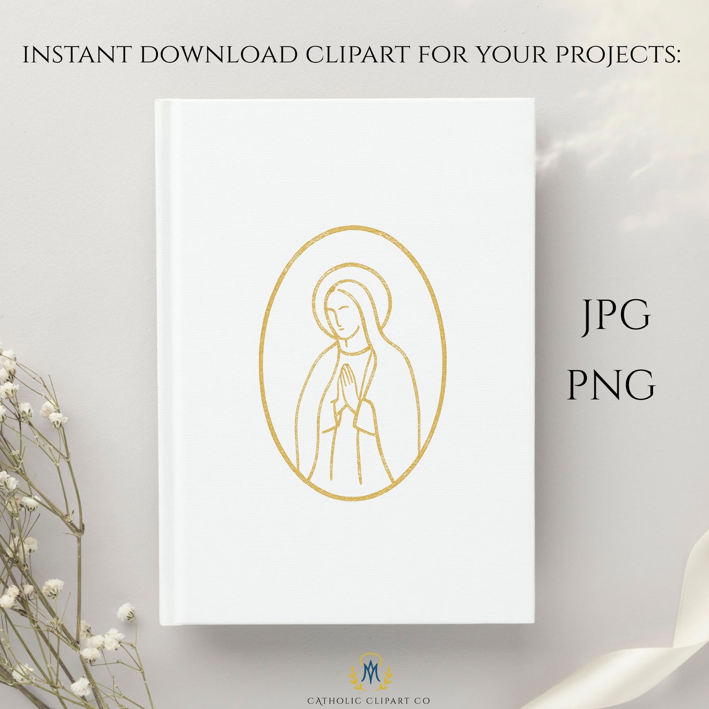 Close-up of minimalist gold Marian line art showing clean lines and modern Catholic design style