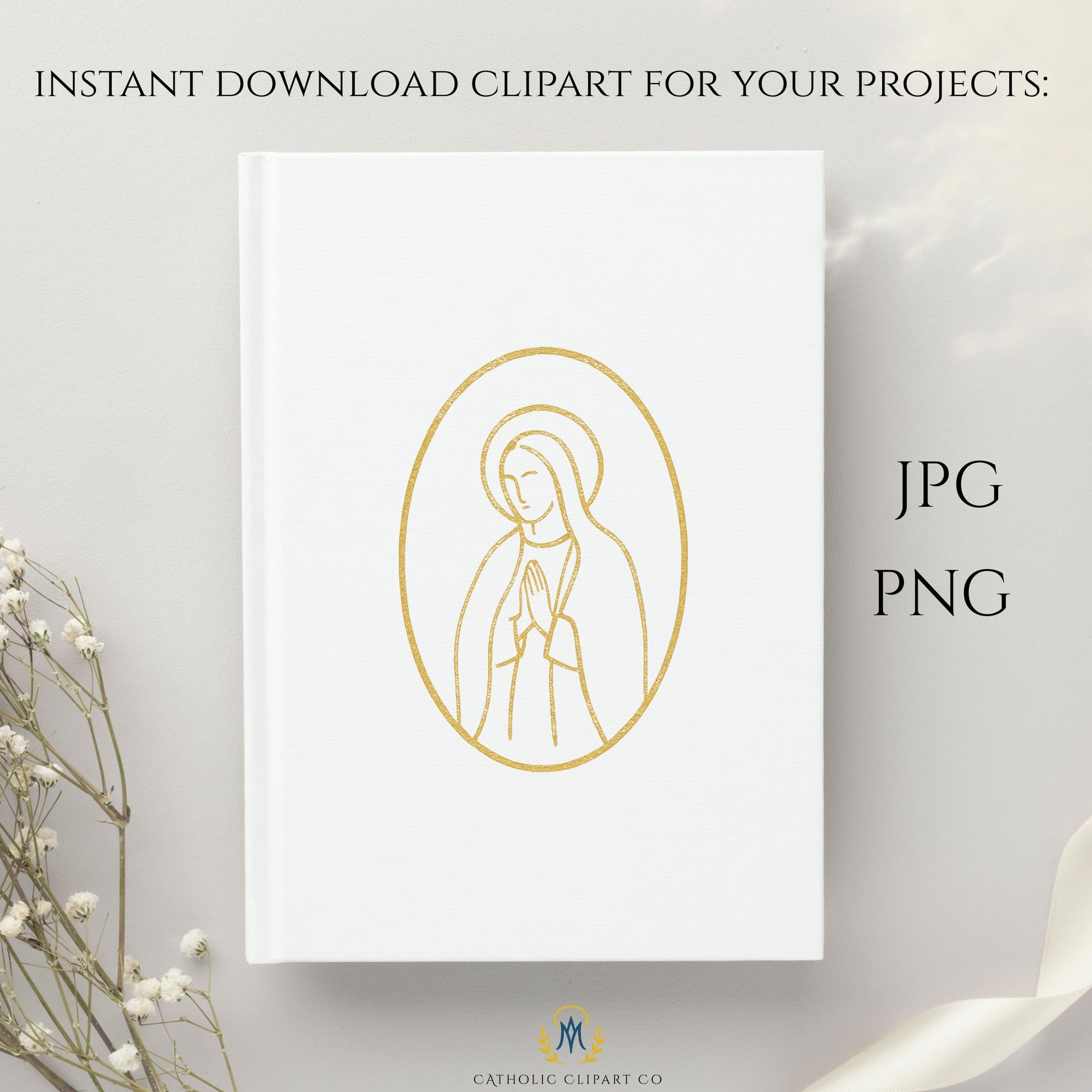 Close-up of minimalist gold Marian line art showing clean lines and modern Catholic design style