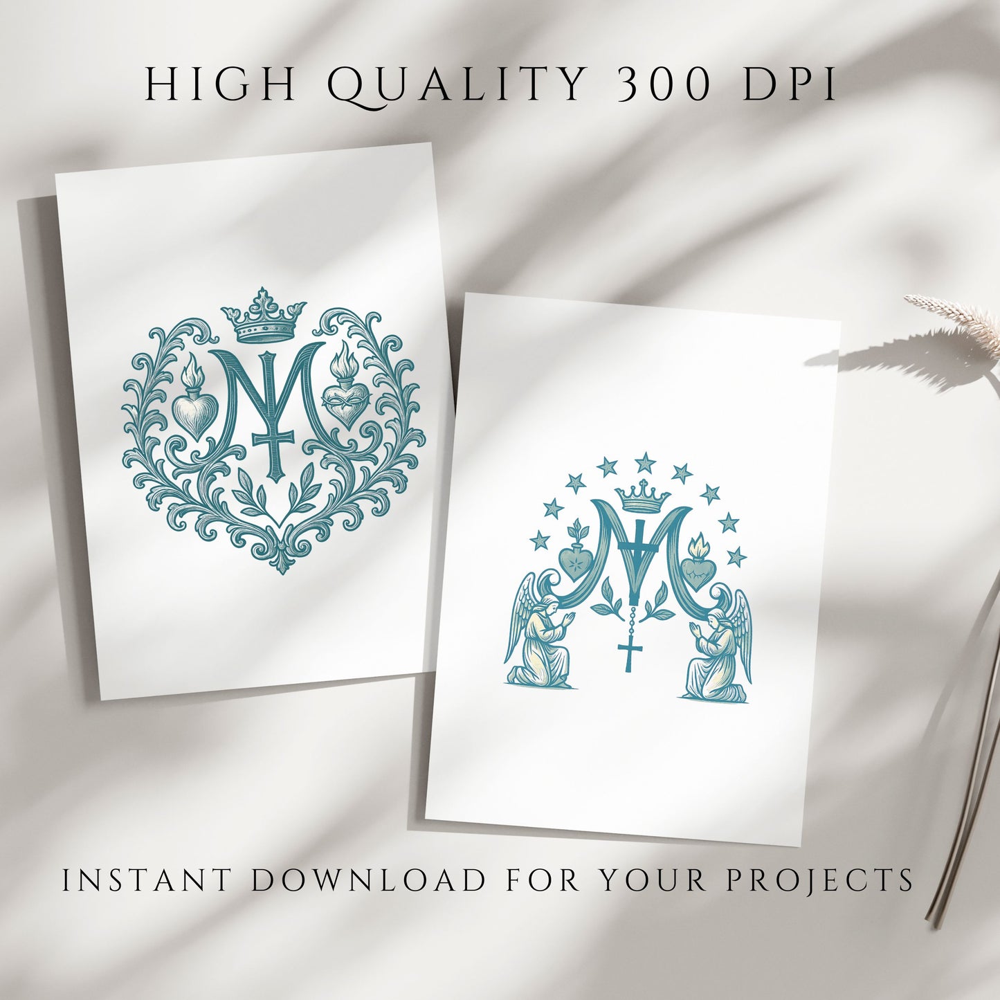 Auspice of Mary Clipart, Marian Monogram PNG JPG, Catholic M Symbol Clipart Set, Vintage Blue Marian Emblem, Luxury Catholic Art
